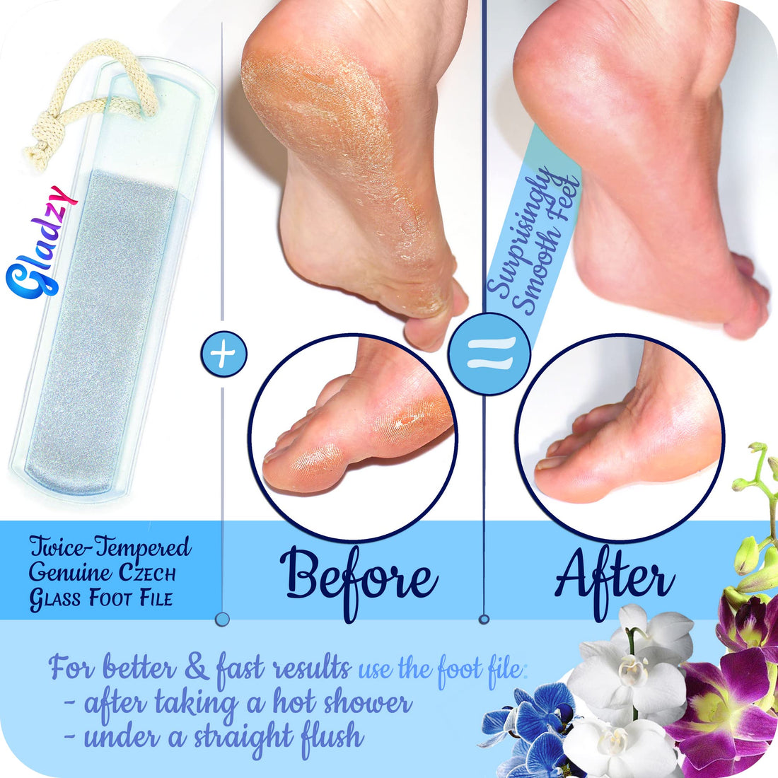Genuine Czech Glass Foot File - Two-Sided Different Grit Surface, Gentle Callus Remover, Pedicure & Spa Rough Skin Scrubber, Professional Toenail And Heels Care, EU Quality, Large Size