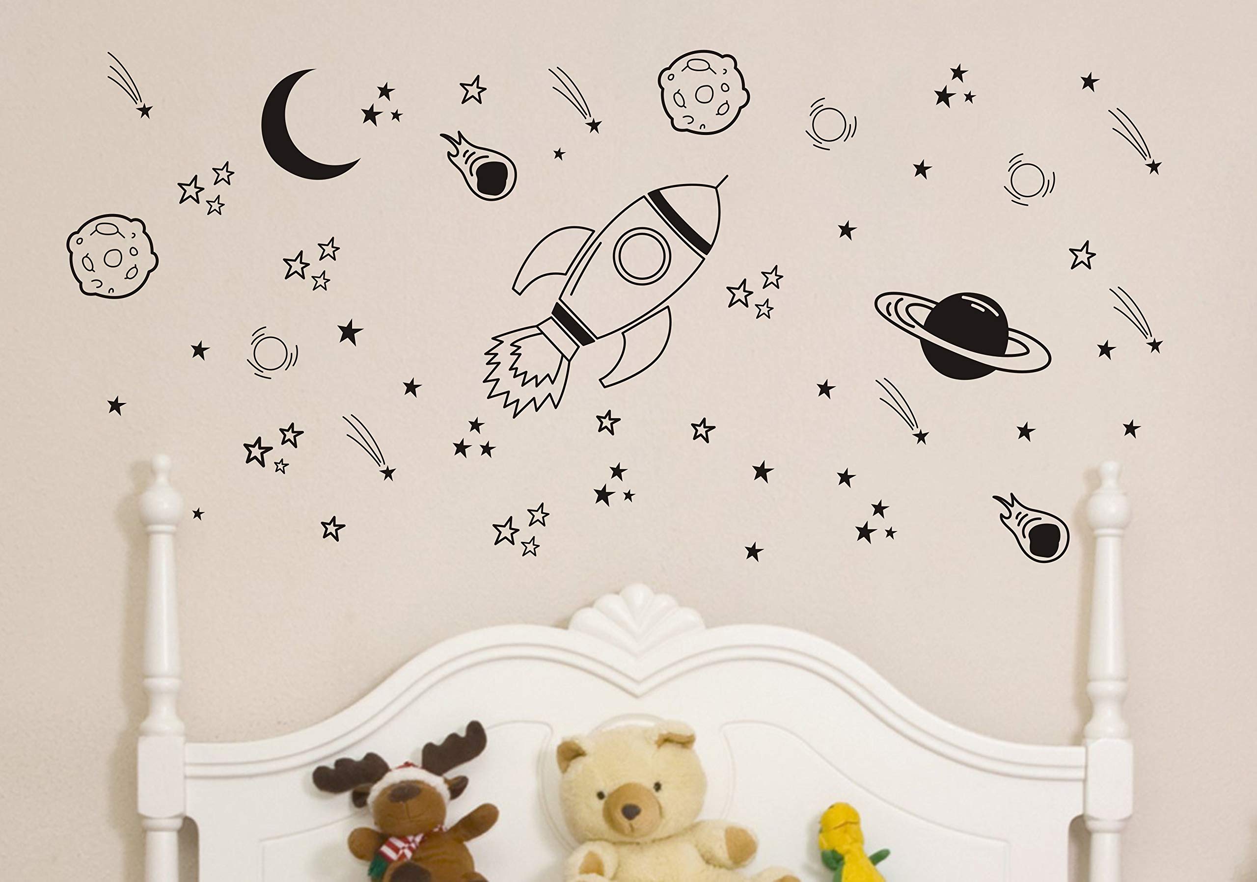A37 Black Space Themed Room Decor - Rocket & Ship Wall Decals for Baby Boys Nursery