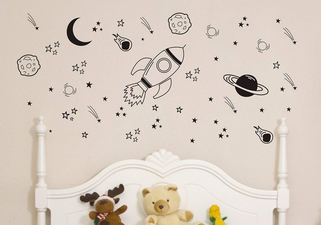 A37 Black Space Themed Room Decor - Rocket & Ship Wall Decals for Baby Boys Nursery