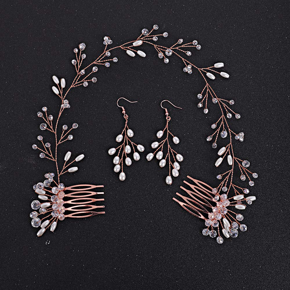 FXmimior Bride Hair Accessories Crystal Hair Vine Earrings Sets Headband Wedding Hair Comb Evening Party Hair Piece (rose gold) (headband& earrings)