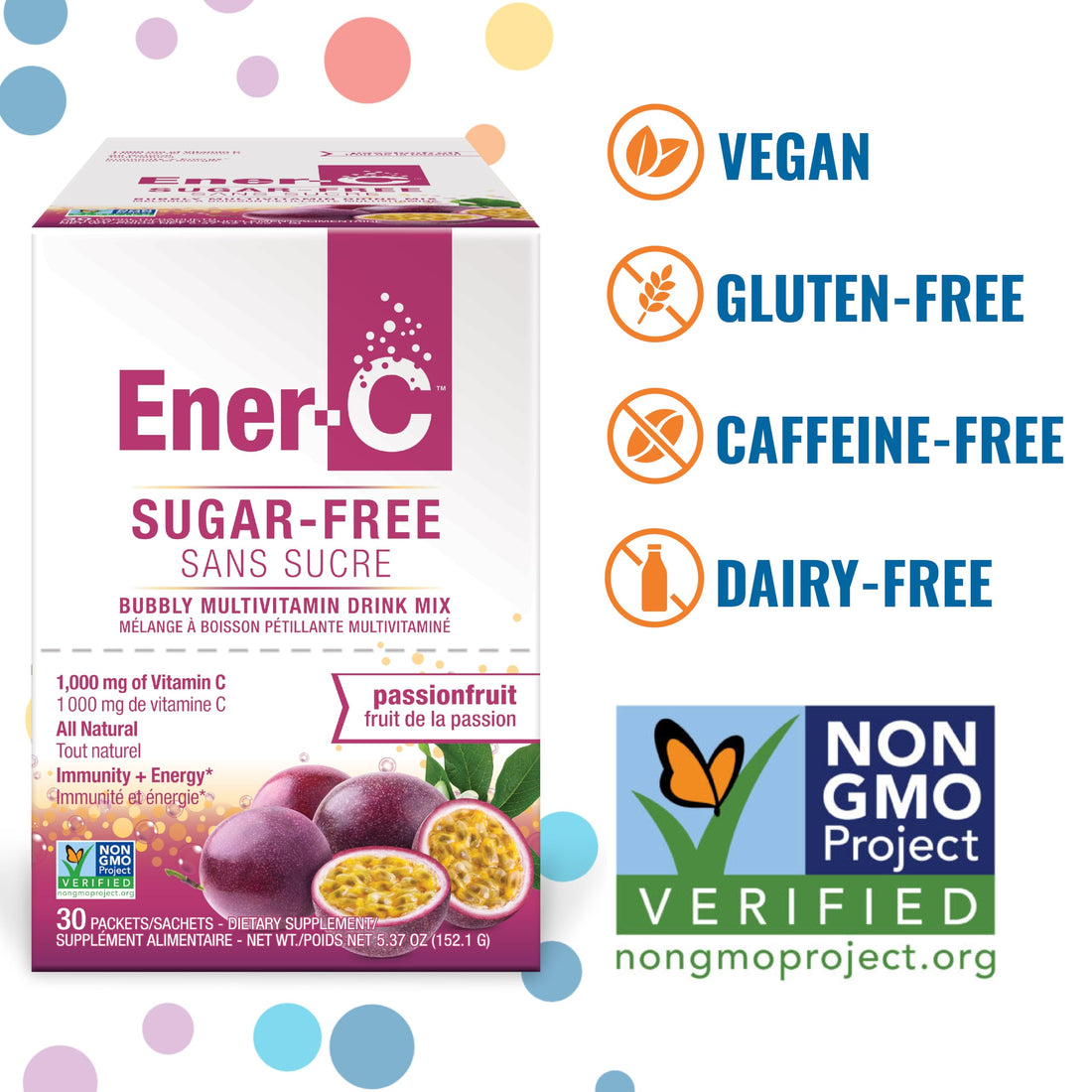 Ener-C Sugar Free Energy Passion Fruit Multivitamin Drink Mix Vitamin C 1000mg & Electrolytes - Natural Immunity Support with Real Fruit Juice Powders - Non-GMO Vegan & Gluten Free - 30 Count