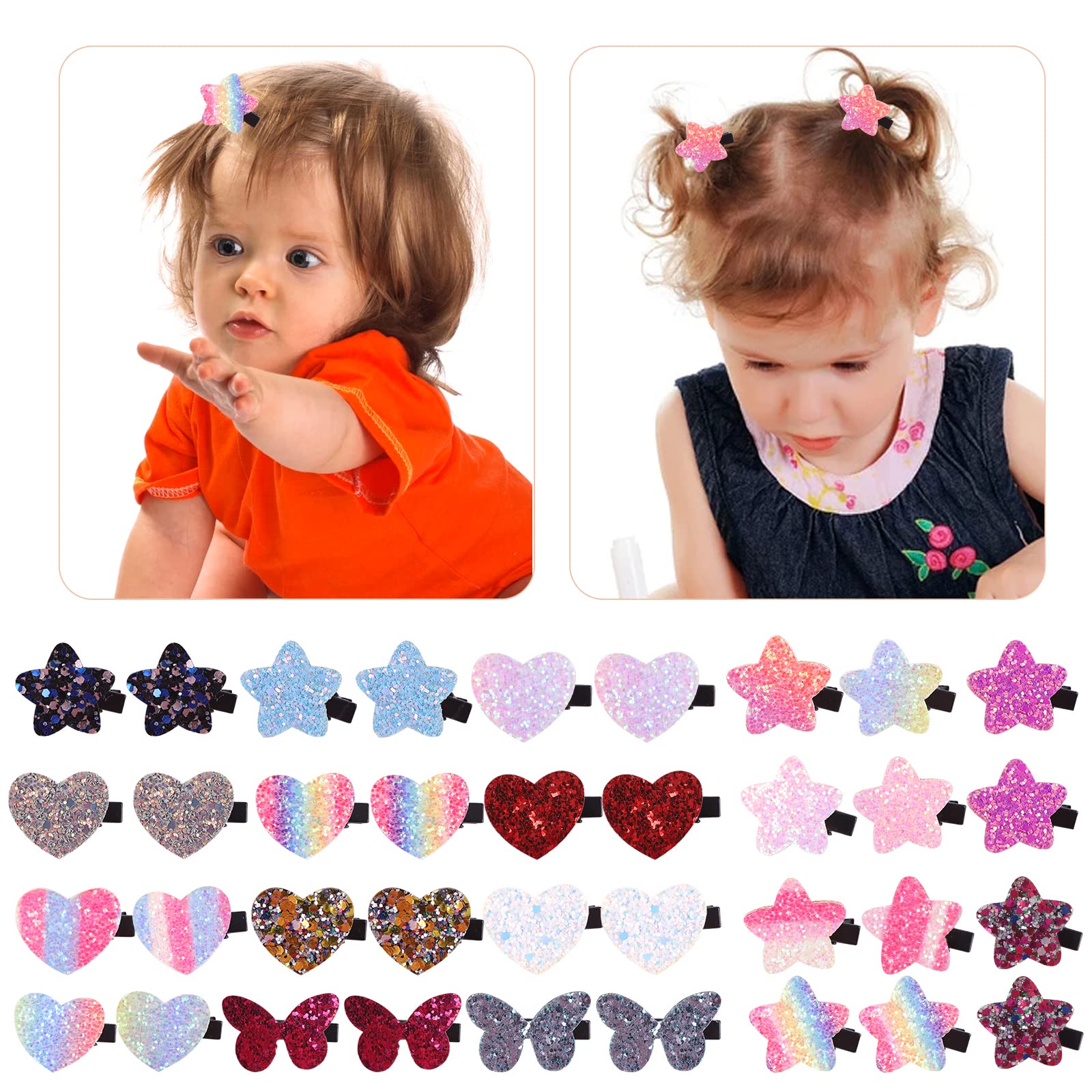 Fishdown Sparkle Sequins Hair Accessories for Girls: 36 Pcs Star, Heart, Butterfly Hair Clips, Barrettes, and Alligator Clips for Toddlers