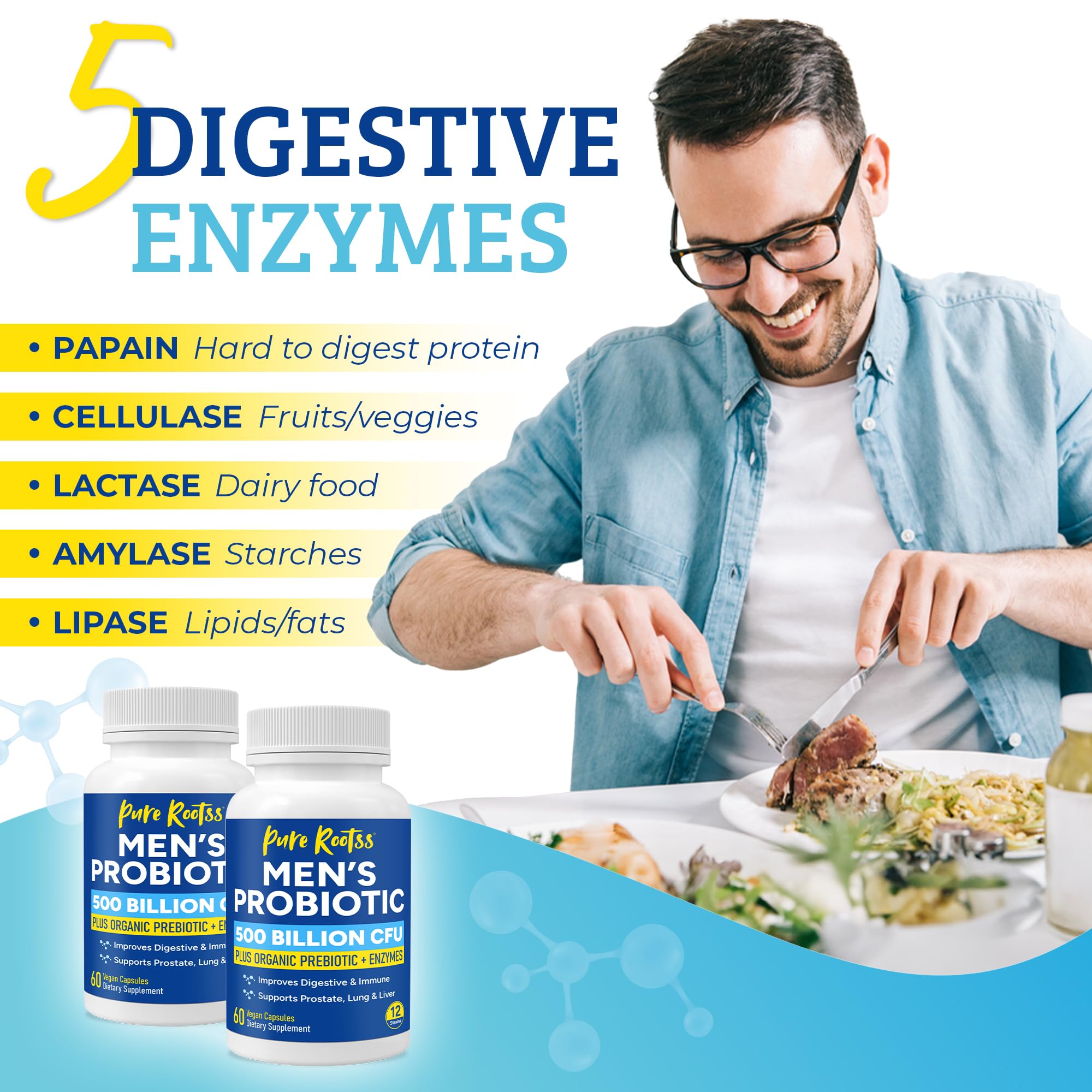 Probiotics for Men, 500 Billion CFUs & 12 Strains, Prebiotic & Probiotic, Cranberry, Saw Palmetto, Digestive Enzymes, Gut & Bloating, Lung Liver Prostate Support, 30-Day Supply