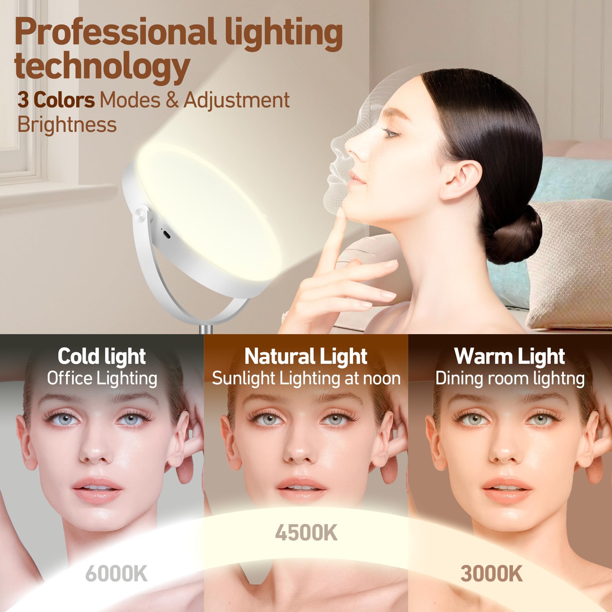 MOMOKUBA Magnifying Mirror with Light 20X, Height-Adjustable Lighted Makeup Mirror with Magnification, Double - Sided Aluminum Alloy LED Mirror, 3 Lighting Modes Ideal for Desk Bathroom Makeup, Silver