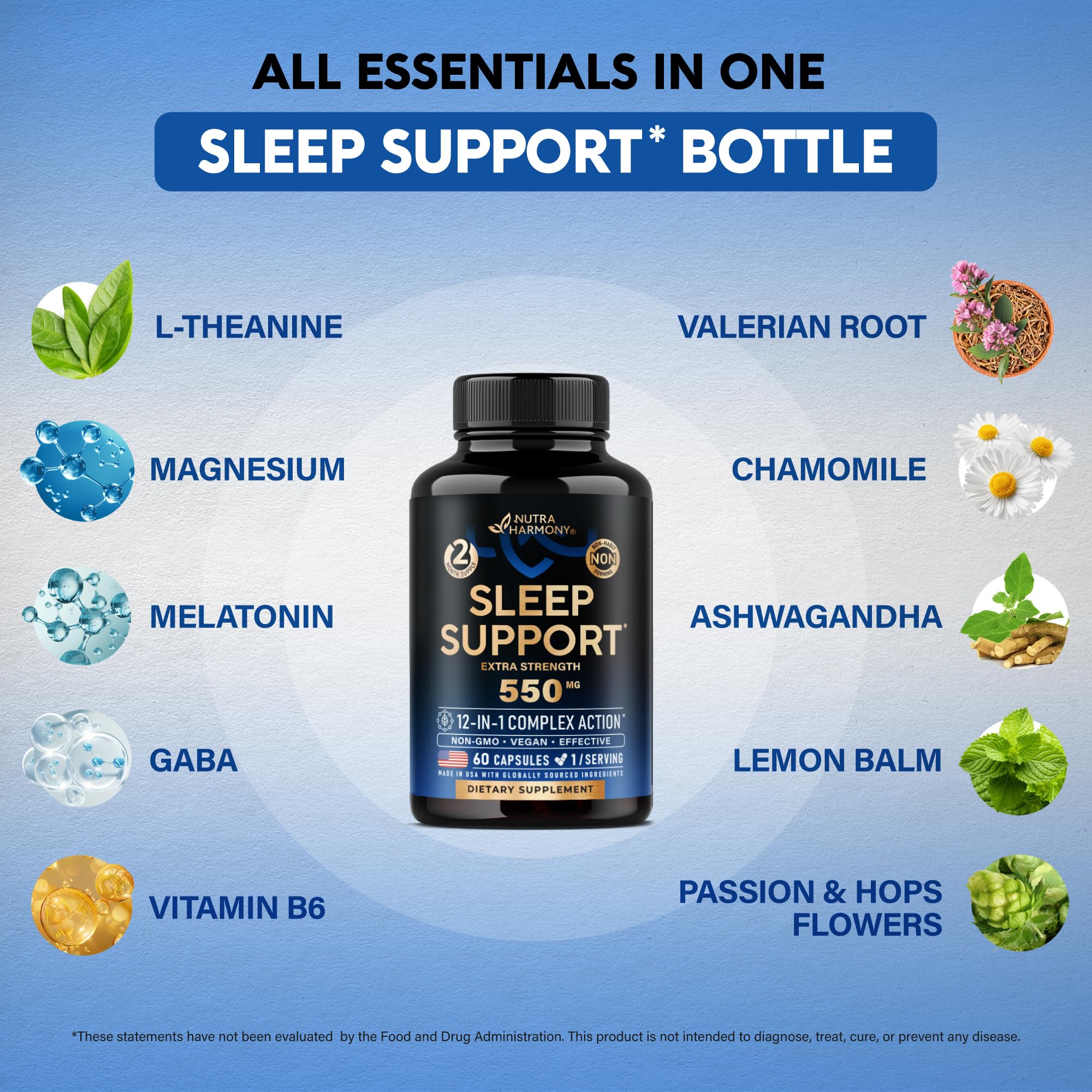 Sleeping Pills for Adults 550mg - Valerian Root for Sleep | Melatonin 3mg | L-Theanine | Magnesium - Natural Sleep Aid Supplement - Non-Habit Forming Rest Support - Made in USA - 1/Day | 60 Capsules