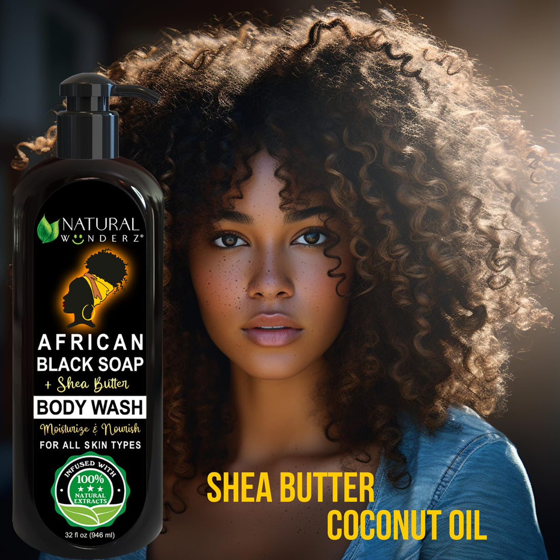 Natural Wunderz Body Wash with African Black Soap and Shea Butter, 32 Fl Oz Shower Gel, Promotes Acne Treatment, Contains All Natural Extracts, Vegan, and Sulfate-Free Body Scrub