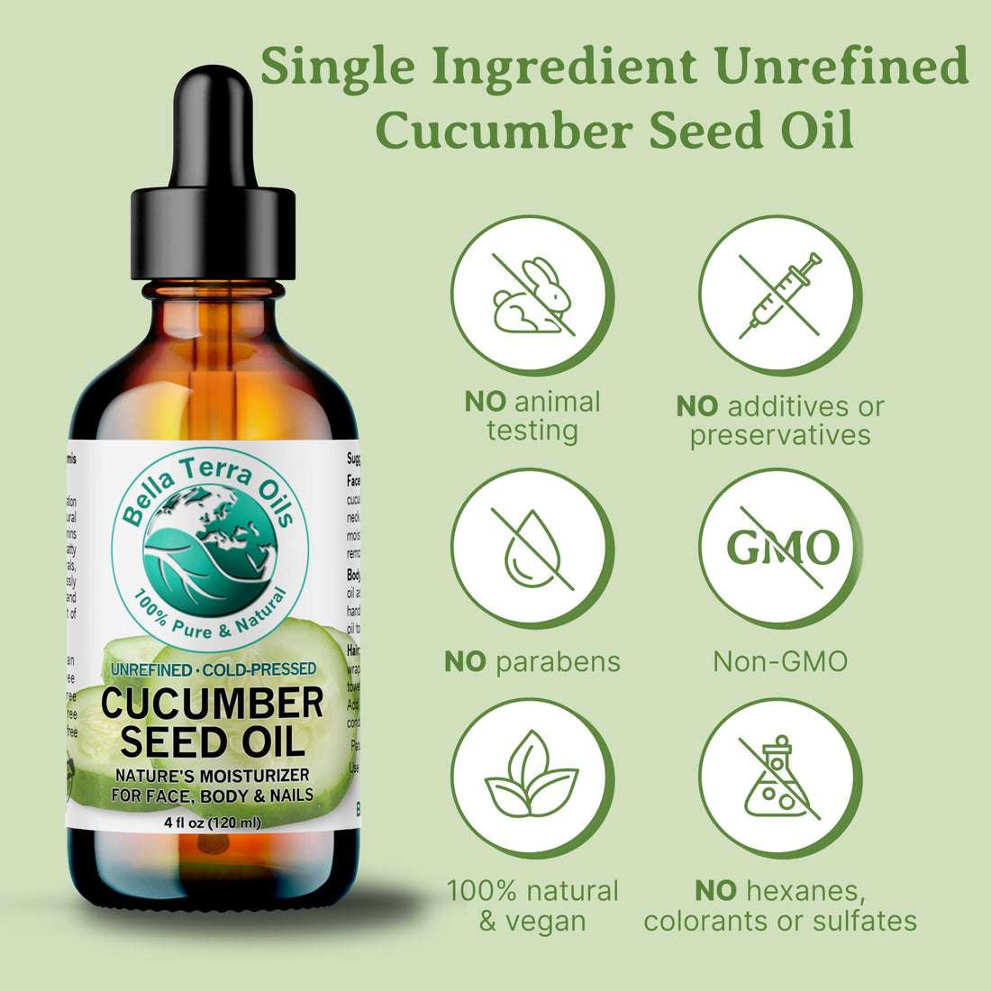 Bella Terra Oils - Cucumber Seed Oil 4 oz - Embrace the Essence of Cucumber, Rich in Linoleic Acid & Phytosterols, Elevate Your Face and Skin Routine