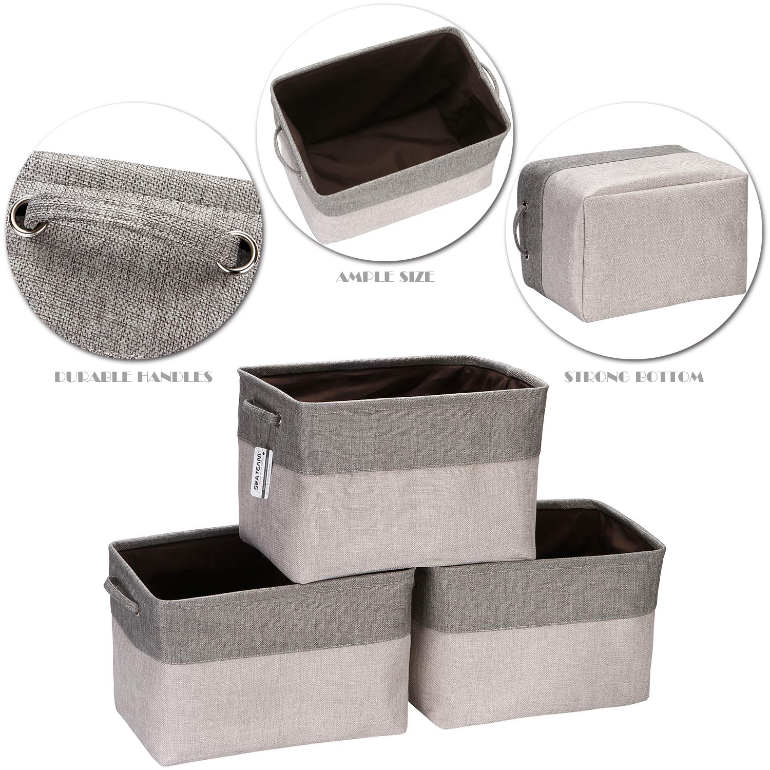 Sea Team 3-Pack Large Storage Basket Set, Trunk Organizer, Clothes Toys Bin, 15 x 10 x 10 Inches, Big Rectangular Canvas Fabric Collapsible Shelf Box with Handles for Kids Room (Ash Grey/Grey)