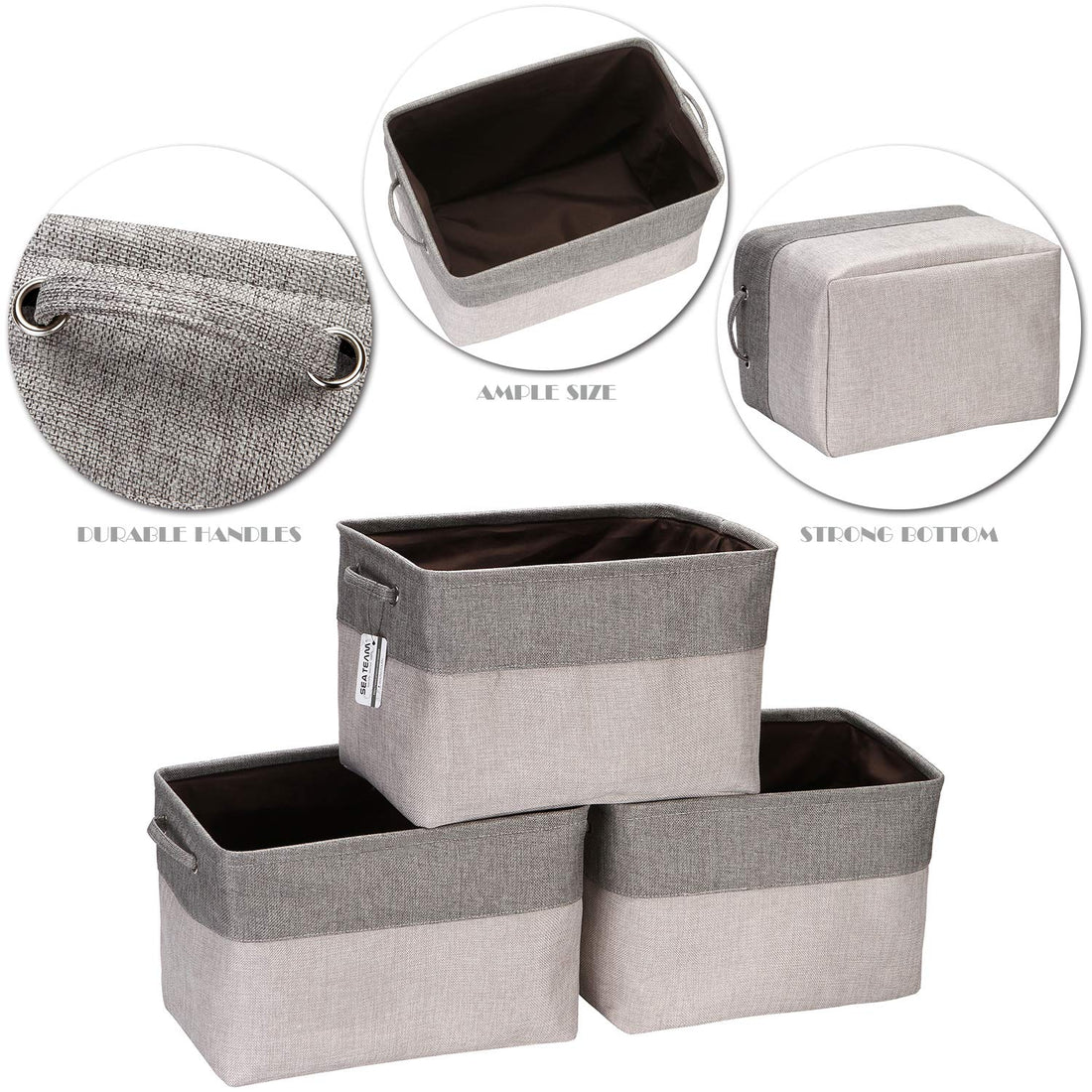 Sea Team 3-Pack Large Storage Basket Set, Trunk Organizer, Clothes Toys Bin, 15 x 10 x 10 Inches, Big Rectangular Canvas Fabric Collapsible Shelf Box with Handles for Kids Room (Ash Grey/Grey)