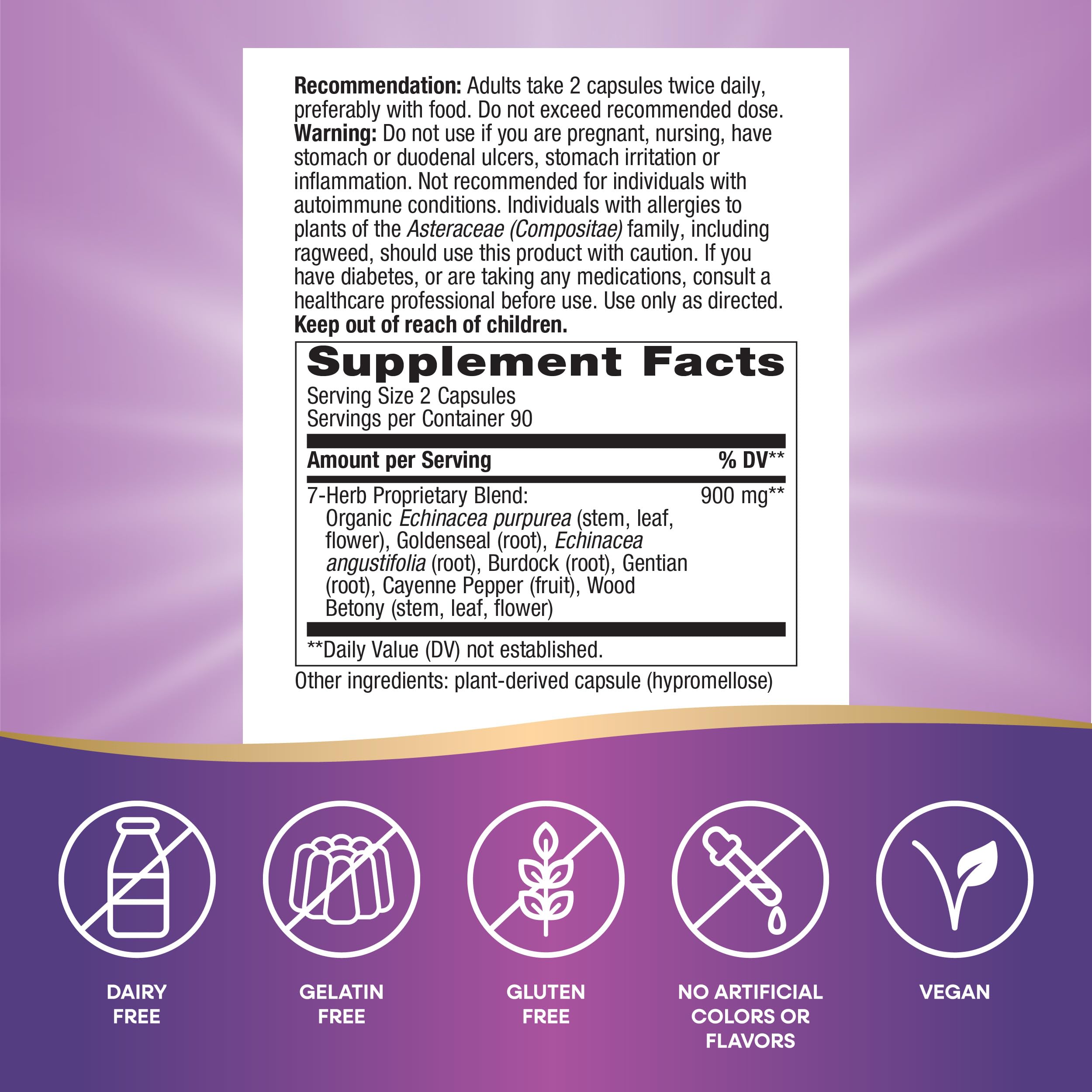 Nature's Way Echinacea Goldenseal - 900 mg Echinacea 7 Herb Blend per 2-capsule serving - For Immune Support* - With Cayenne Pepper, Gentian & Burdock - Gluten Free - 180 Vegan Capsules (Pack of 2)