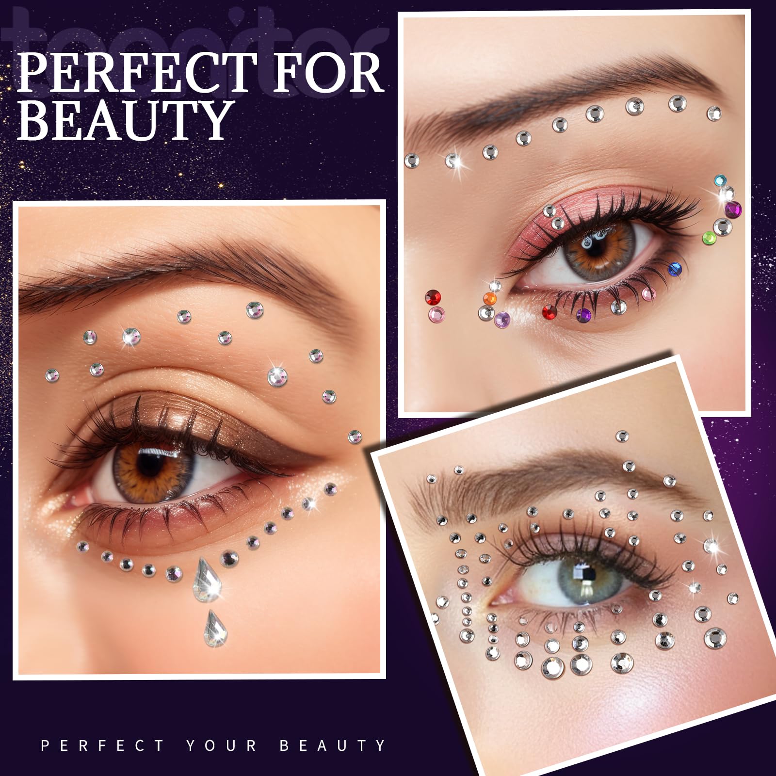 Teenitor Face Gems and Face Glitter Freckles Kit, 4pcs Gold Sparkle Freckles Face Tattoo and 3pcs Face Rhinestones for Makeup, Face Glitter Tattoos, Rhinestone Face Jewels for Women
