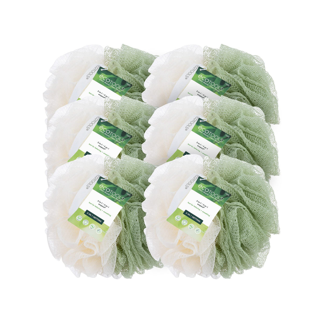 EcoTools Green 2-in-1 EcoPouf, Dual-Sided Shower Loofah Exfoliates & Cleanses Skin, Made of Recycled Netting, Removes Dead Skin, Eco-Friendly Bath Accessory, Cruelty-Free, 6 Count (60g)