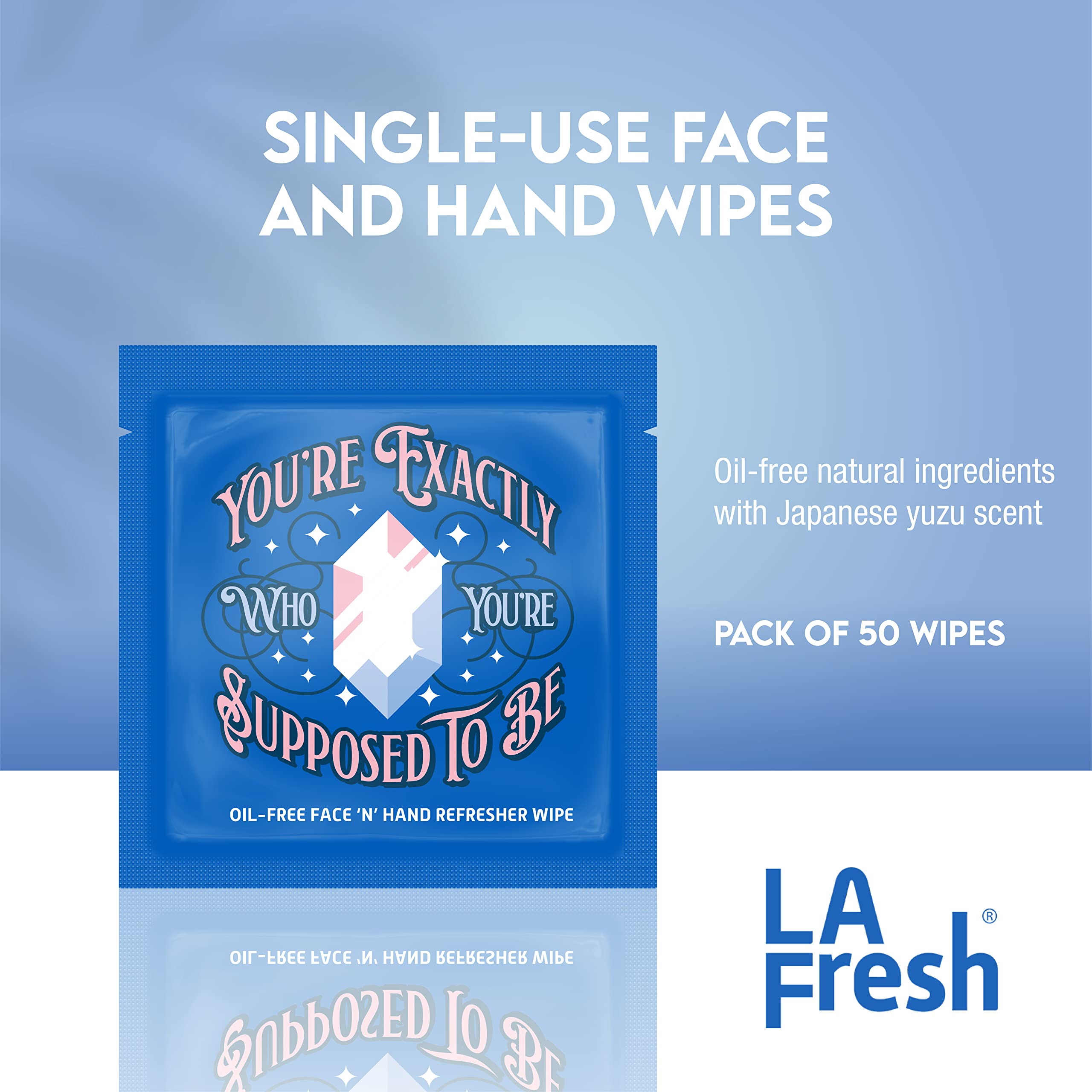 LA Fresh Oil Free 99.25% Natural Face and Hand Refreshing Wipes for travel or everyday in your purse, individually sealed wrapper, With Natural Japanese Yuzu Scent - Pack of 50