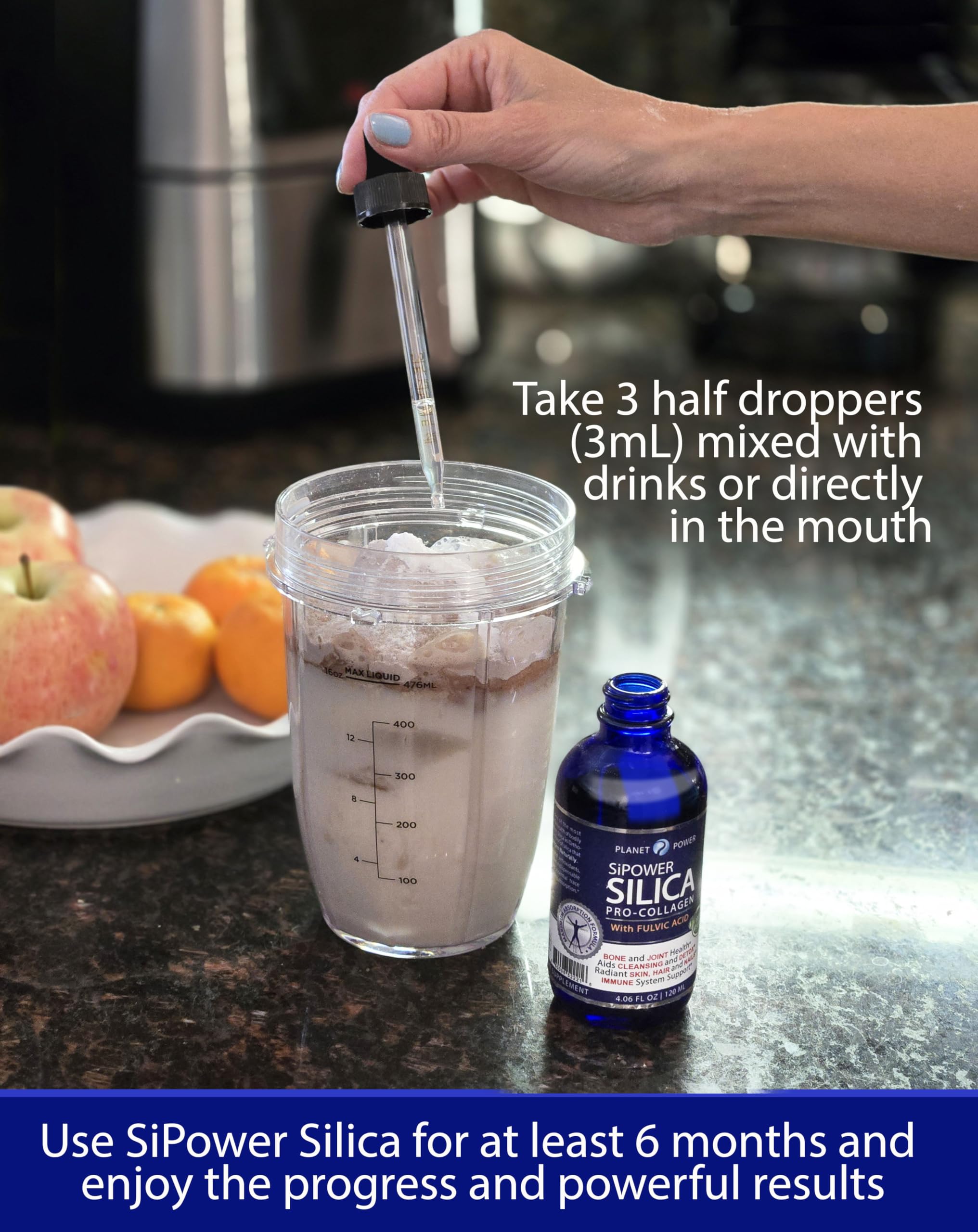 Planet Power SiPower Silica Vegan Collagen + Fulvic Acid 4oz Glass Bottle, Immune System, Maximum Absorption – Concentrated Formula, Bones, Joints, Skin, Hair, Nails and Digestive System. 40 Days