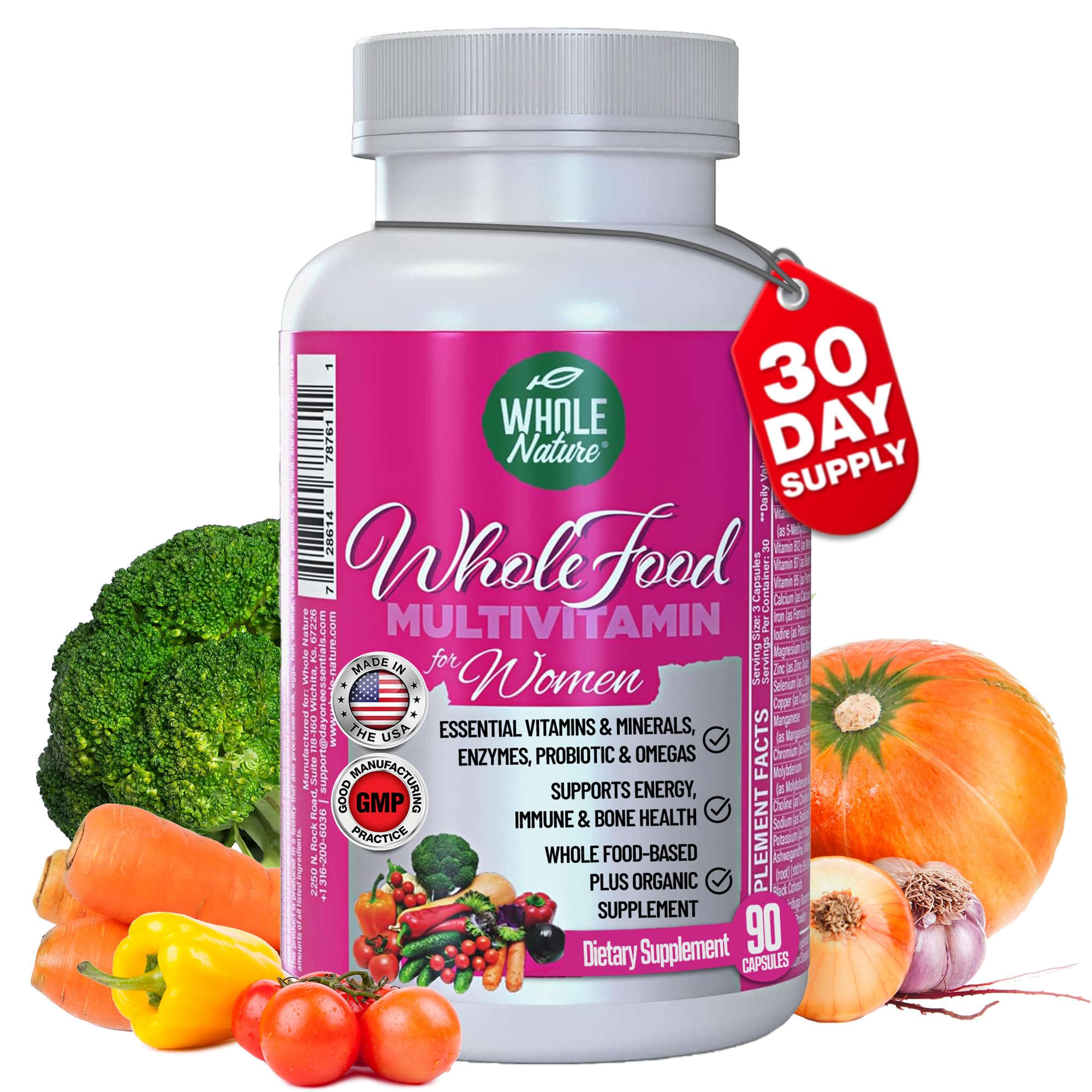 WHOLE NATURE Whole Food Multivitamin for Women - with B12 Methyl Folate, Womens Multi Vitamin Minerals, Probiotics and Omegas. Vegan Vitamins for Women. Non GMO Daily Supplement Plus- 90 Capsules