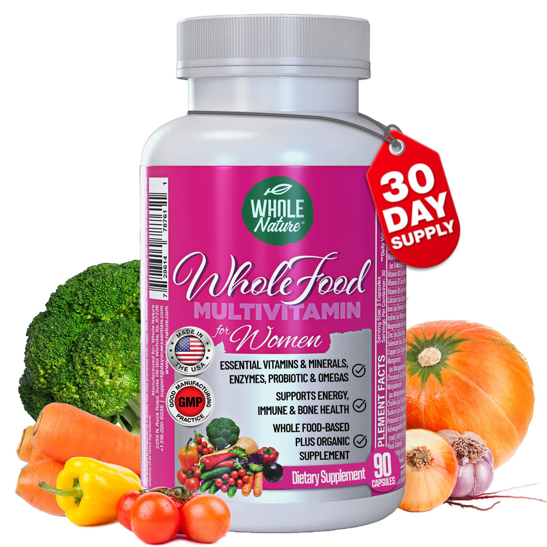 WHOLE NATURE Whole Food Multivitamin for Women - with B12 Methyl Folate, Womens Multi Vitamin Minerals, Probiotics and Omegas. Vegan Vitamins for Women. Non GMO Daily Supplement Plus- 90 Capsules