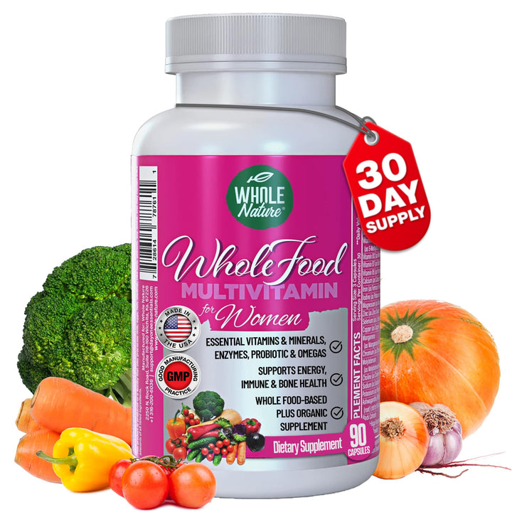 WHOLE NATURE Whole Food Multivitamin for Women - with B12 Methyl Folate, Womens Multi Vitamin Minerals, Probiotics and Omegas. Vegan Vitamins for Women. Non GMO Daily Supplement Plus- 90 Capsules