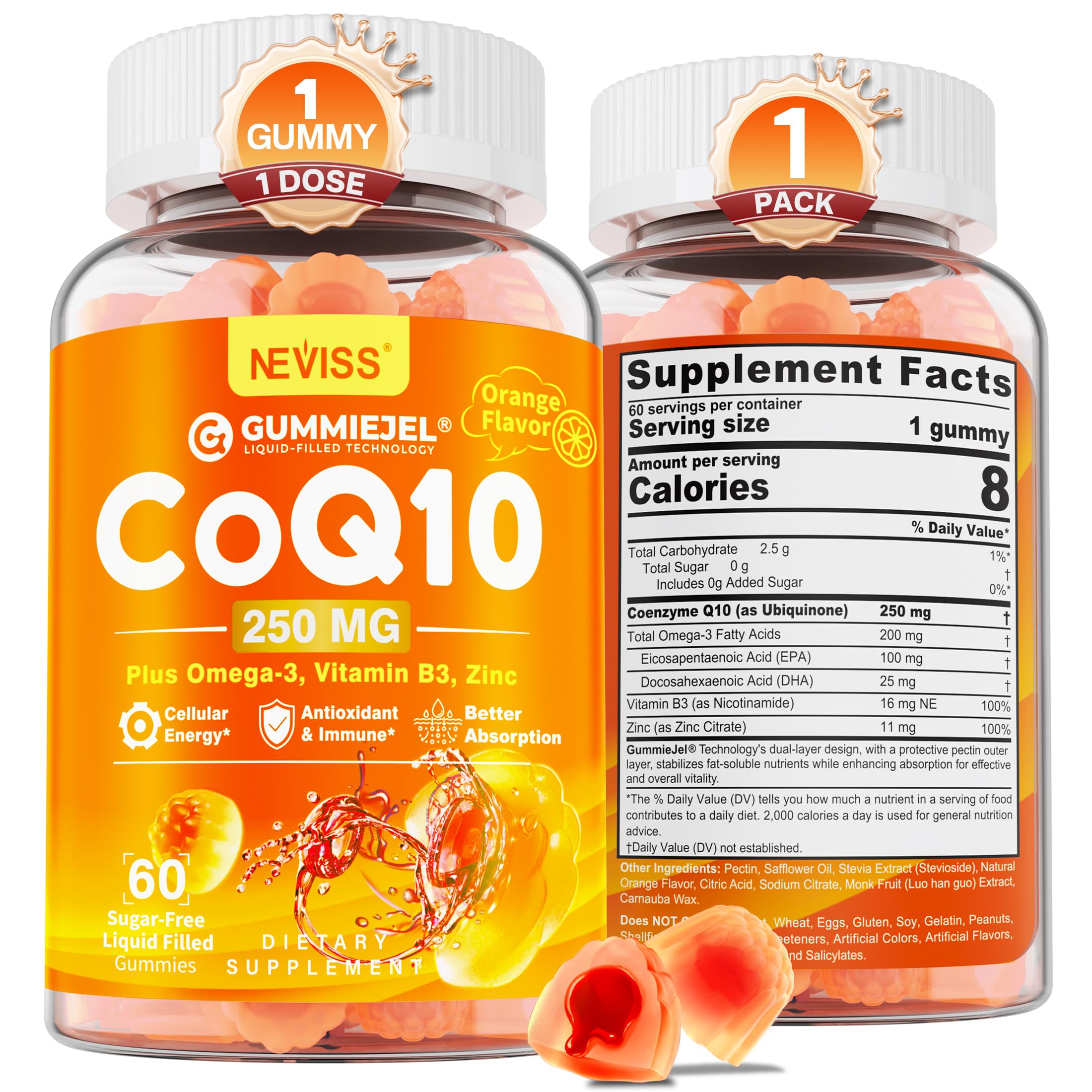 Sugar-Free CoQ10-250mg / 500mg Filled Gummies - Plus Omega-3, EPA + DHA, B3 & Zinc - Ultra Co Q-10 Supplements for Hear-t Health, Cellular Energy, Antioxidant Support, Up to 60 Day Supply, Vegan 60Cts
