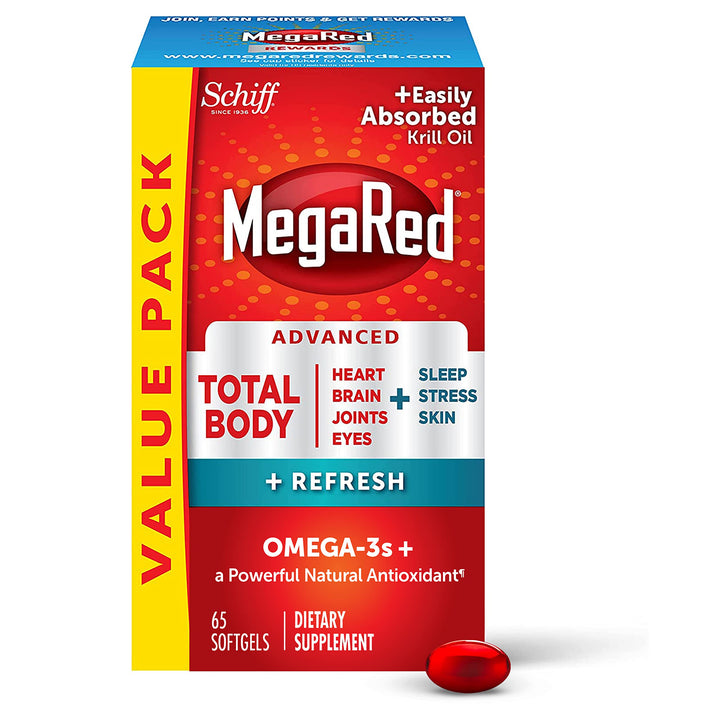 Omega-3 Blend Total Body + Refresh 500mg Softgels, MegaRed (65 count in a bottle), Easily Absorbed Krill Oil, To Support Your Heart, Joints, Brain & Eyes