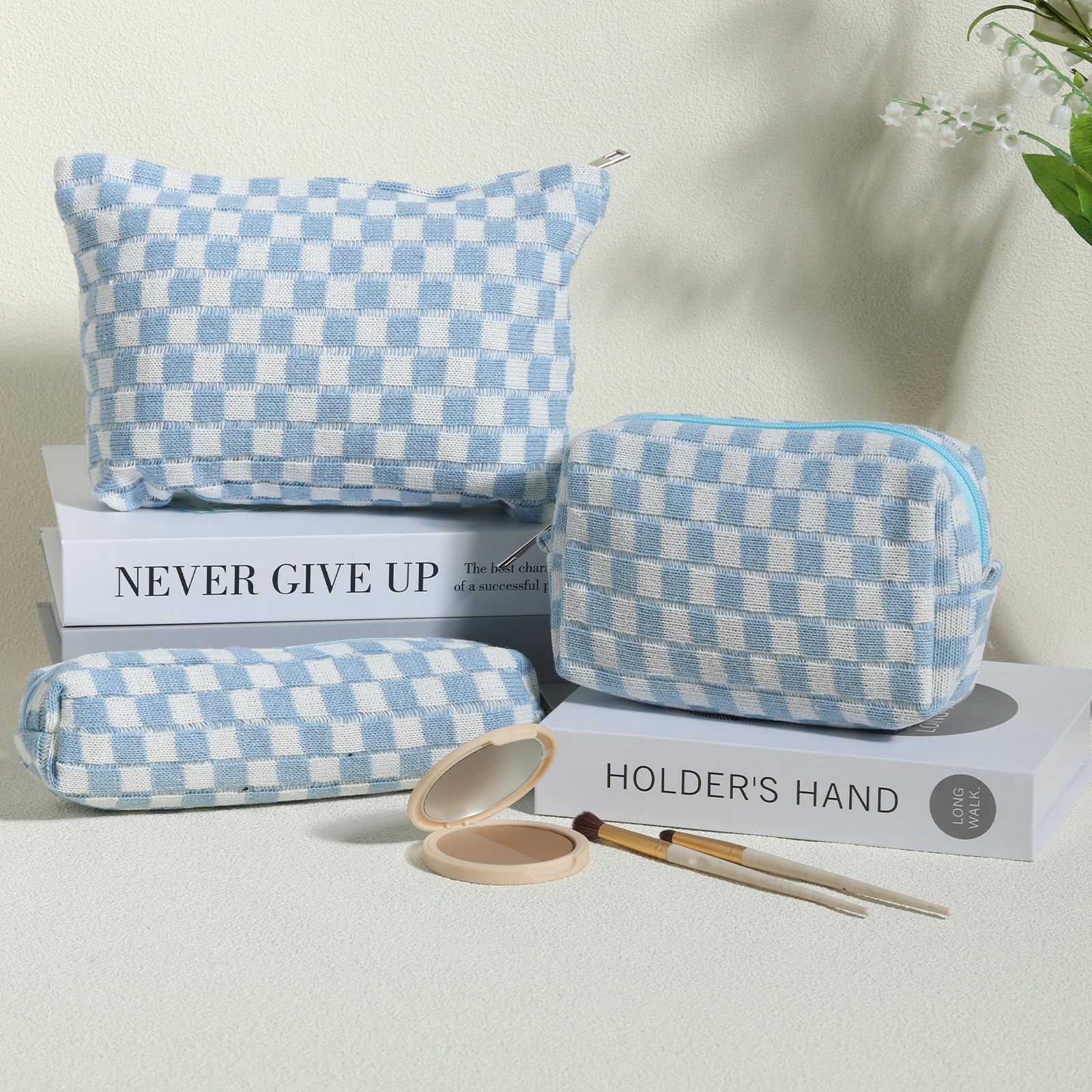LYDZTION Large Capacity Makeup Bag Set - 3 Pieces Checkered Cosmetic Bag for Women Travel Makeup Bag Organizer Cute Makeup Brushes Storage Bag Travel Toiletry Bag Storage Bag for Women,Blue