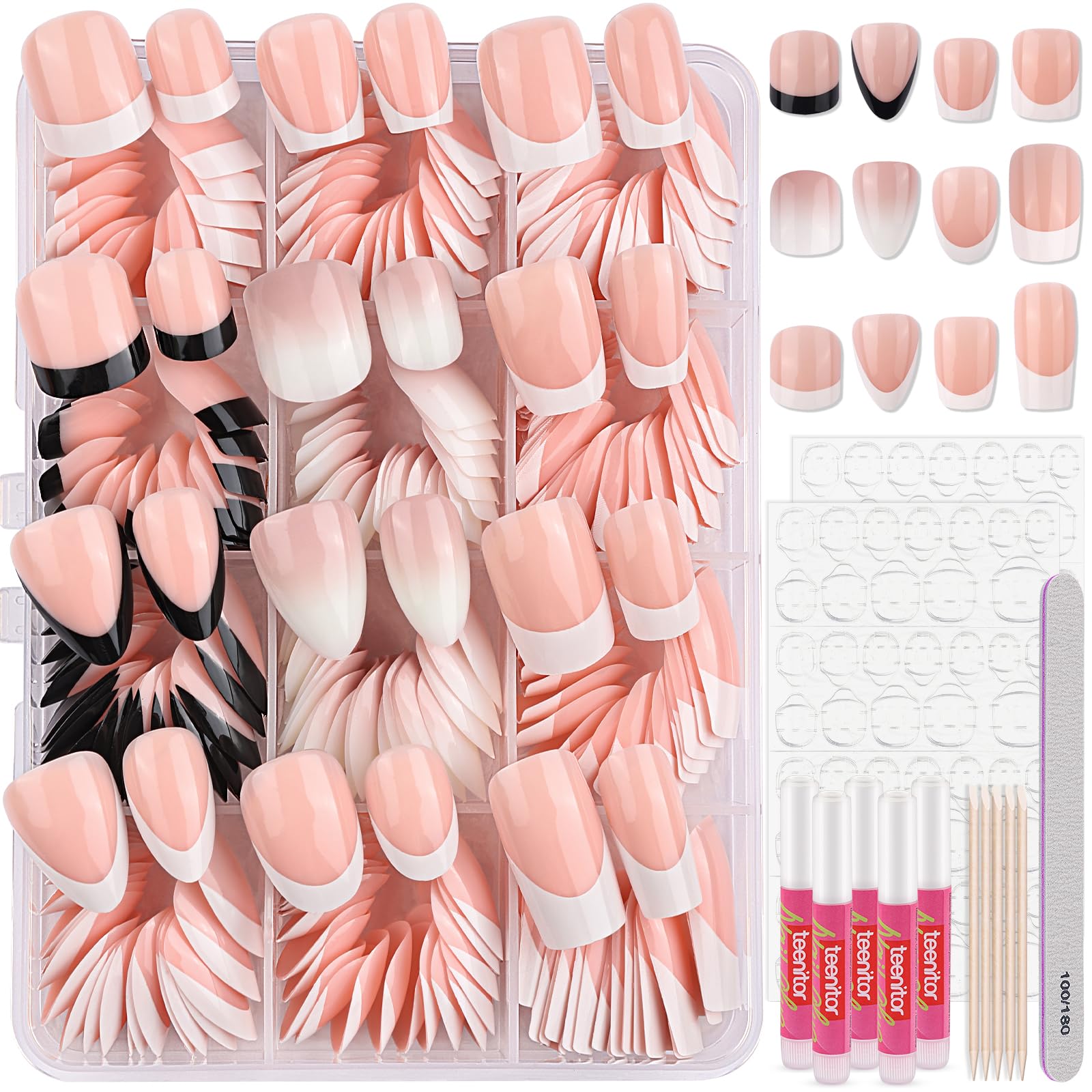 Teenitor Almond French Tip Black Press On Nails - Short, Medium Coffin Shapes - Glue On Nails Kit