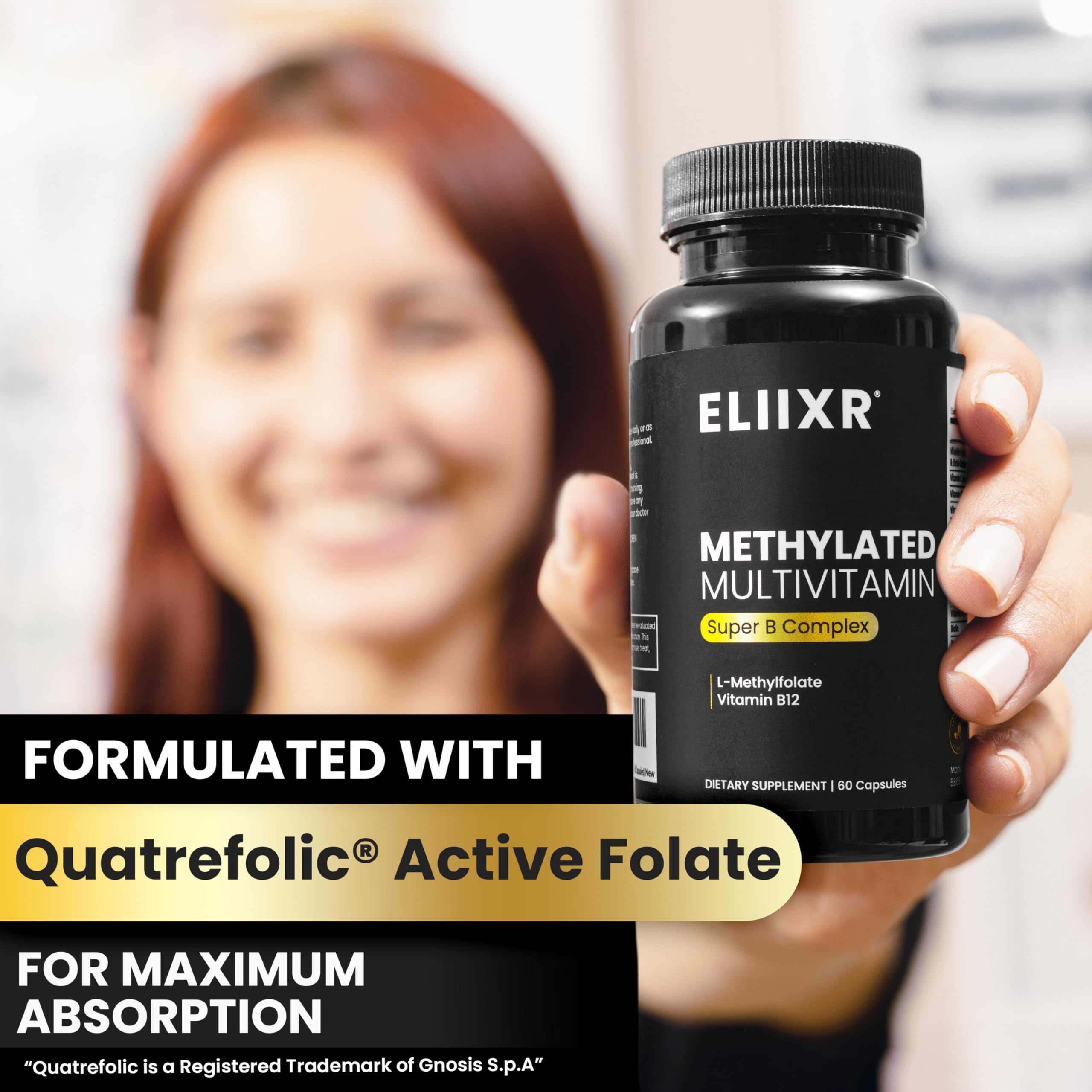 Eliixr Methylated Multivitamin Supplement for Men and Women with Active Methyl B12 and 5-MTHF Methylfolate 60 Vegetable Capsules Iron Free Made in The USA