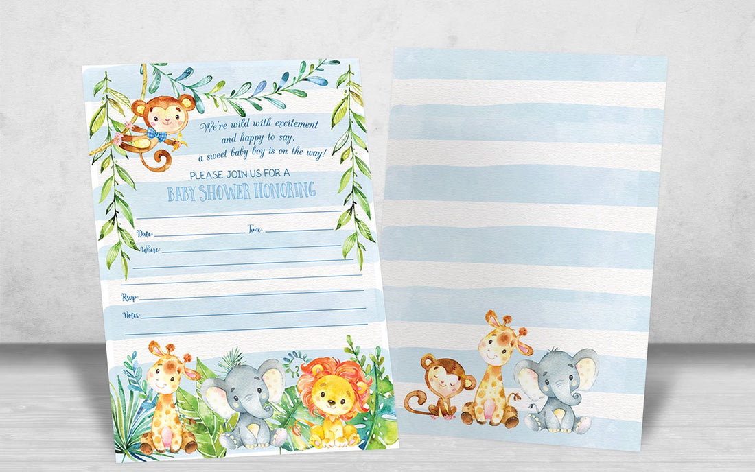 Boy Jungle Safari Baby Shower Invitations, Safari Animal Invitation, 20 Fill in Invitations and Envelopes, Blue Boy Baby Shower Party, Monkey, Lion, Elephant, Giraffe