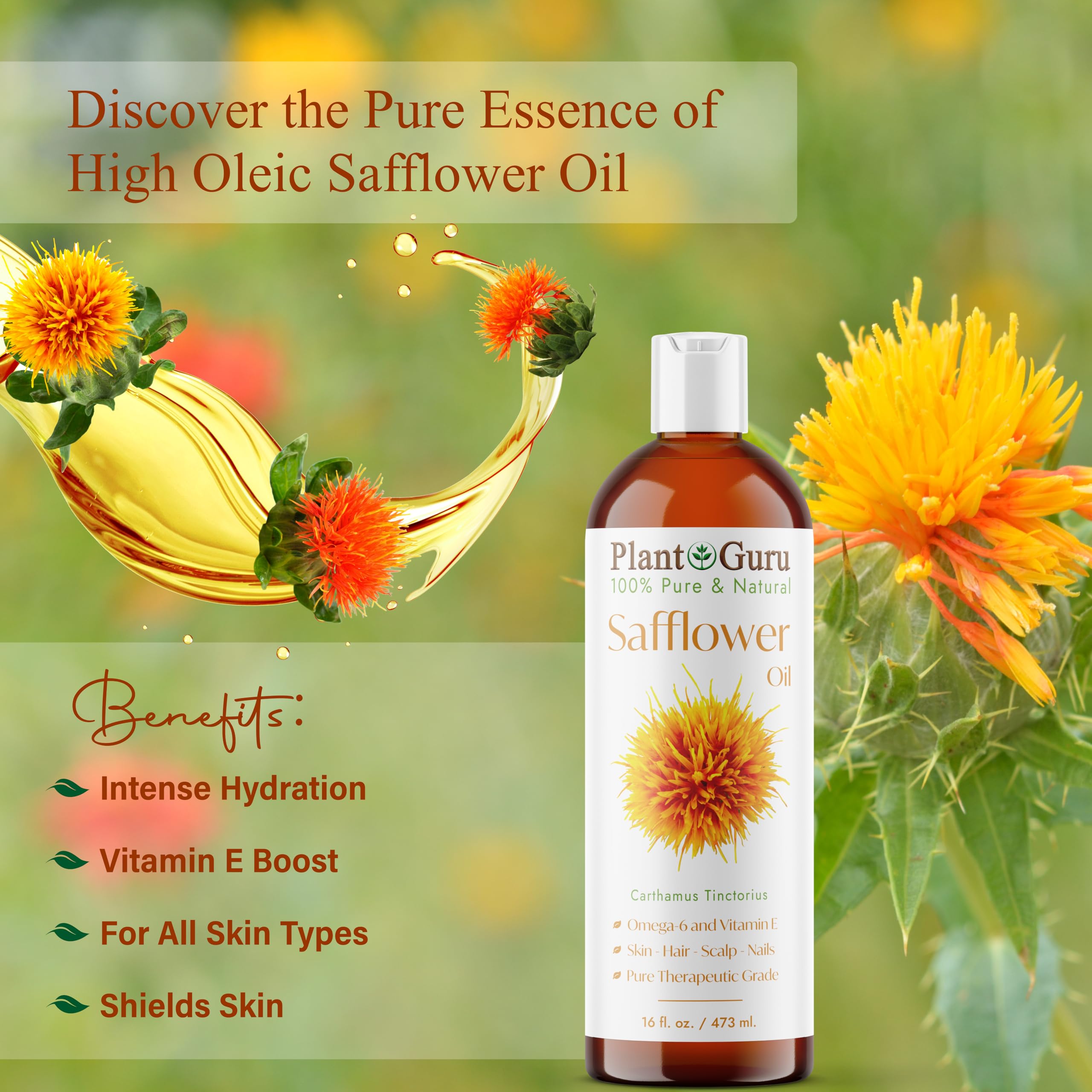 Safflower Oil 16 oz Cold Pressed 100% Pure Natural Carrier - Skin, Body And Face. Great For Moisturizing Creams, Lotions, Scalp Treatments, and Lip Balms