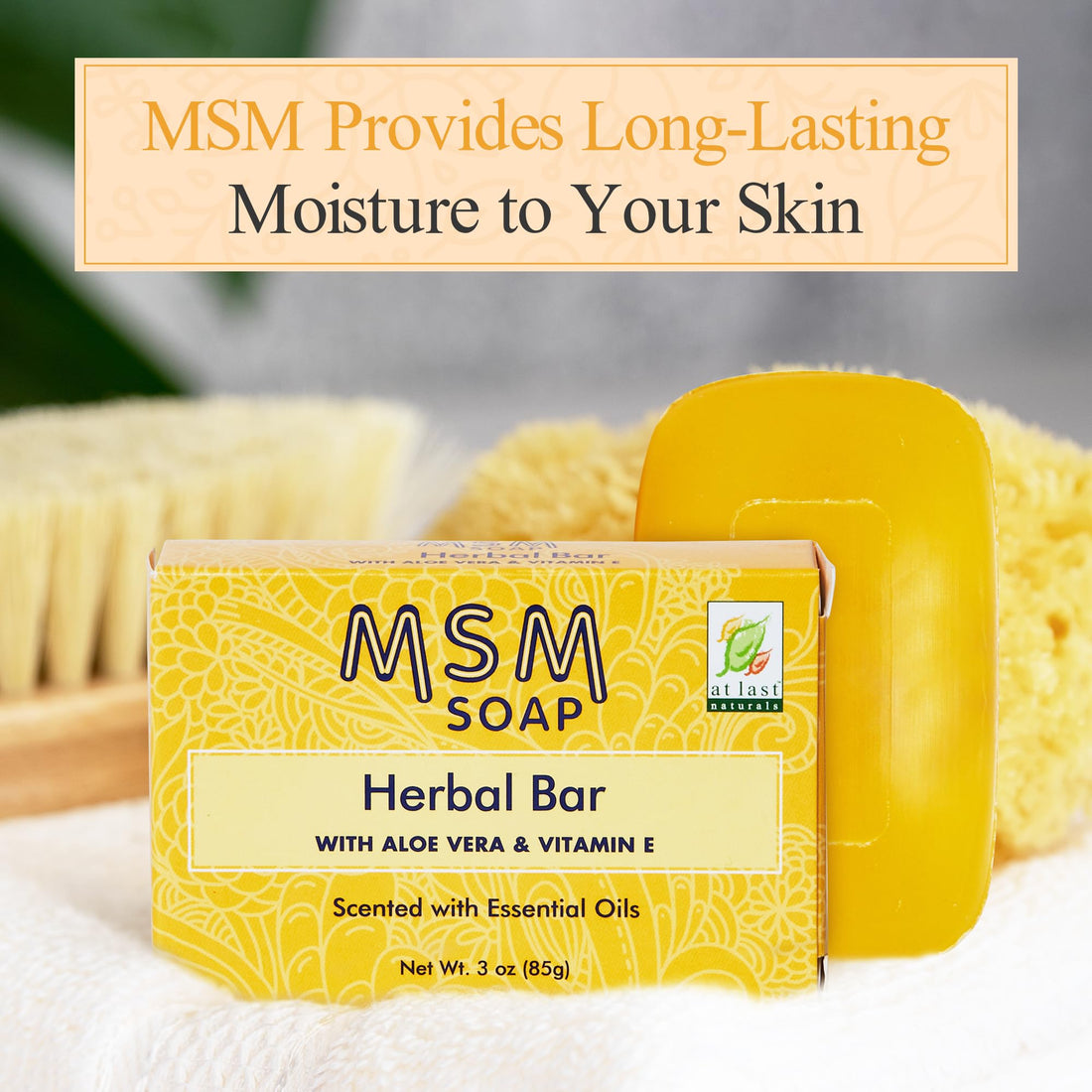 At Last Naturals MSM Soap Bar Body Soap for Women Fine Line and Wrinkle Reduction Herbal Moisturizer with Aloe Vera Vitamin E and Essential Oils Deep Cleansing for Sensitive Skin 3 Ounce (Pack of 1)