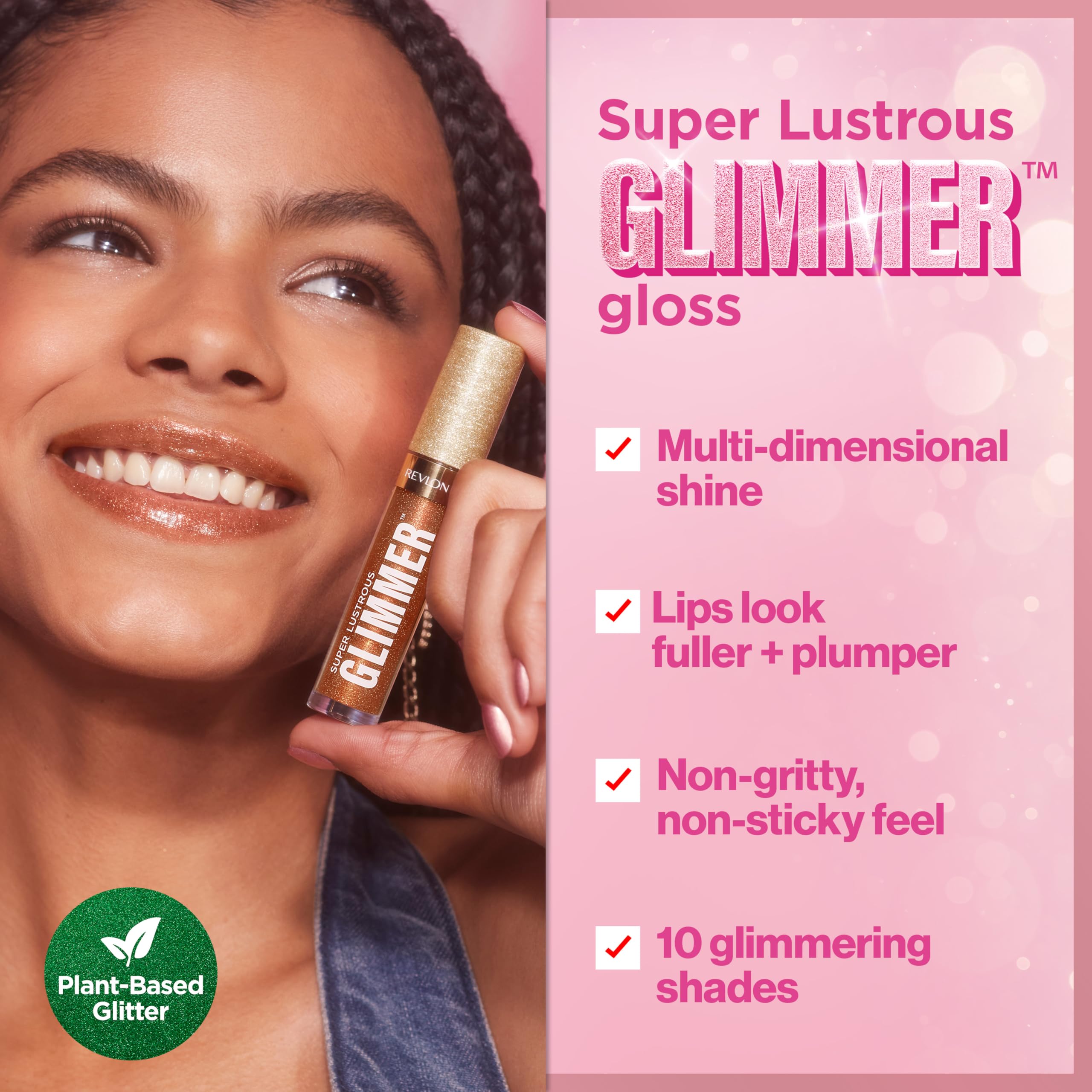 REVLON Super Lustrous Glimmer Gloss, Non-Sticky Lip Gloss, High-Shine Finish, Plant-Based Glitter, 004 Happy Hour, 0.13 fl oz