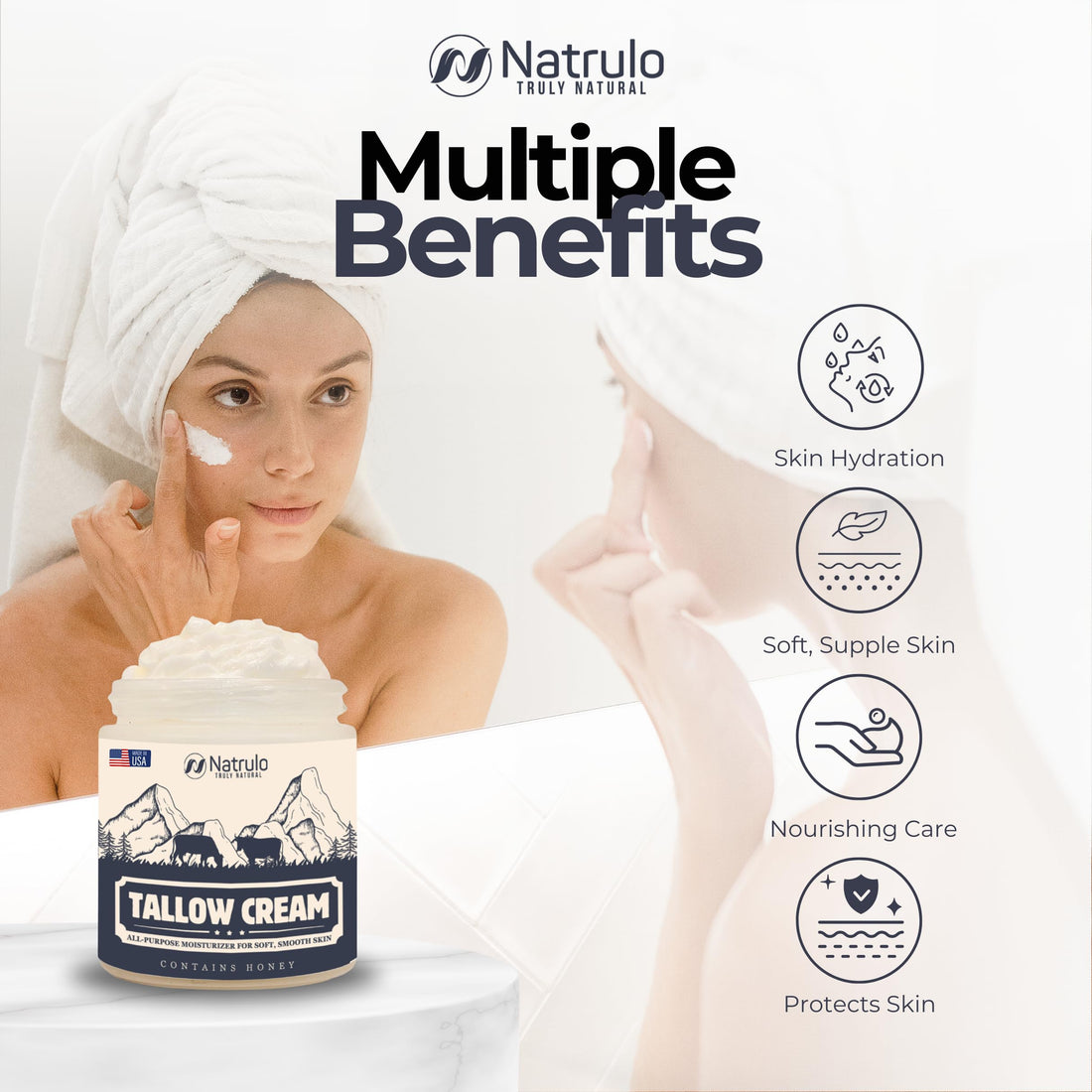 Beef Tallow Cream – All Natural Grass Fed Beef Tallow and Honey All Purpose Balm – Moisturizing Face and Body Lotion for Eczema, Cracked, Dry, Itchy, Irritated Skin – Skin Repair Skincare Made in USA
