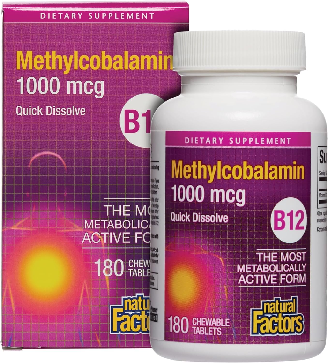 Natural Factors Vitamin B12 Methylcobalamin 1,000 mcg, Offers The Most Metabolically Active Form of B12, 180 Chewable Tablets