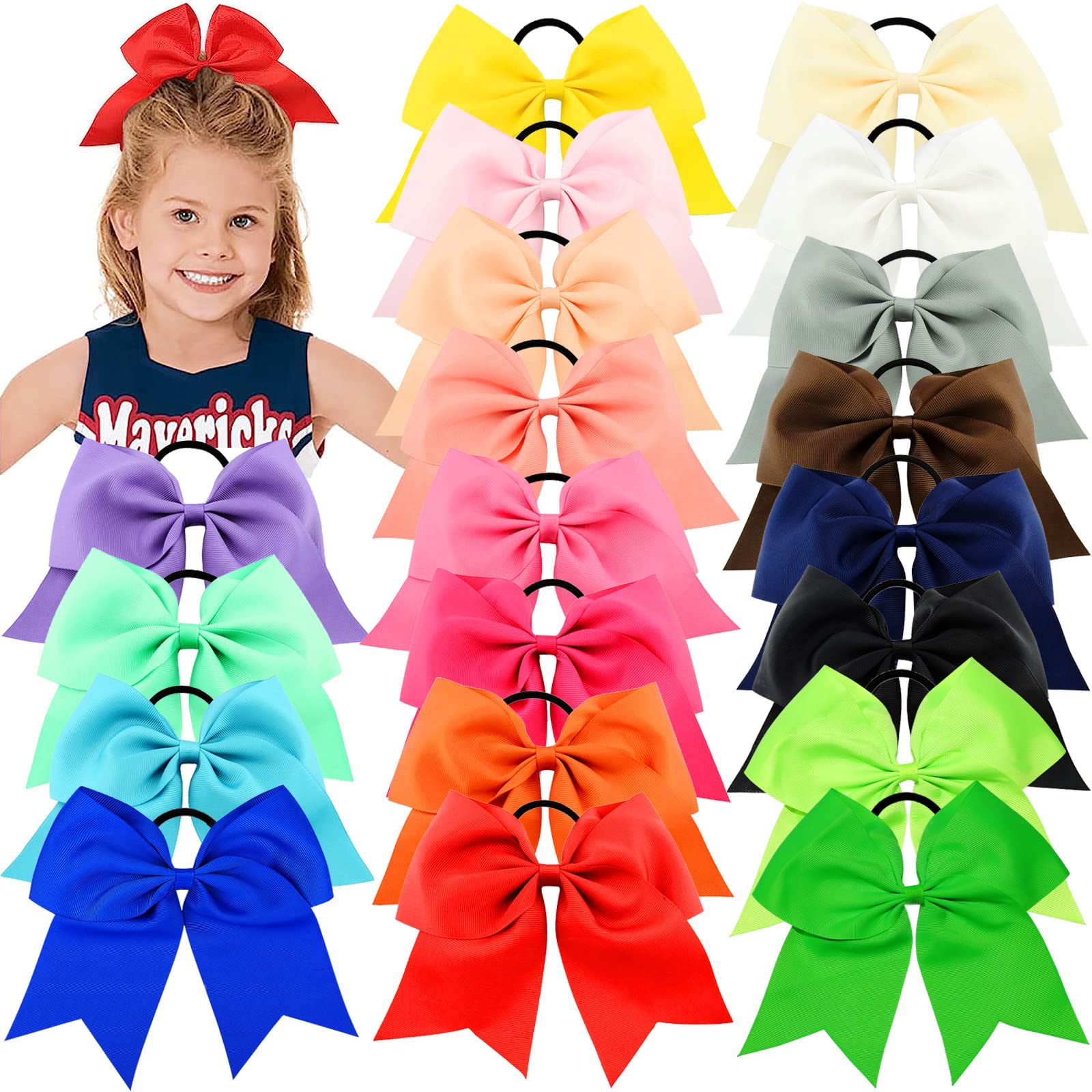 20pcs 8 Grosgrain Ribbon Large Cheer Hair Bow Ties Ponytail Holder Elastic Band Cheerleading Ties for Girls Teens Senior Children Kids Toddlers and Women