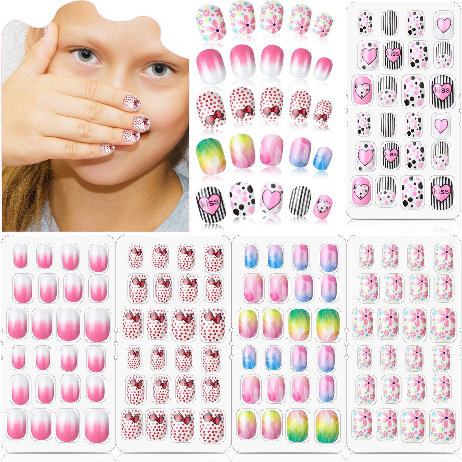 120 Pieces Girls Press on Nails Fake Nails Artificial Nail Tips Children Full Cover Short False Fingernails for Girls Kids Nail Art Decoration (Sweet Pattern)