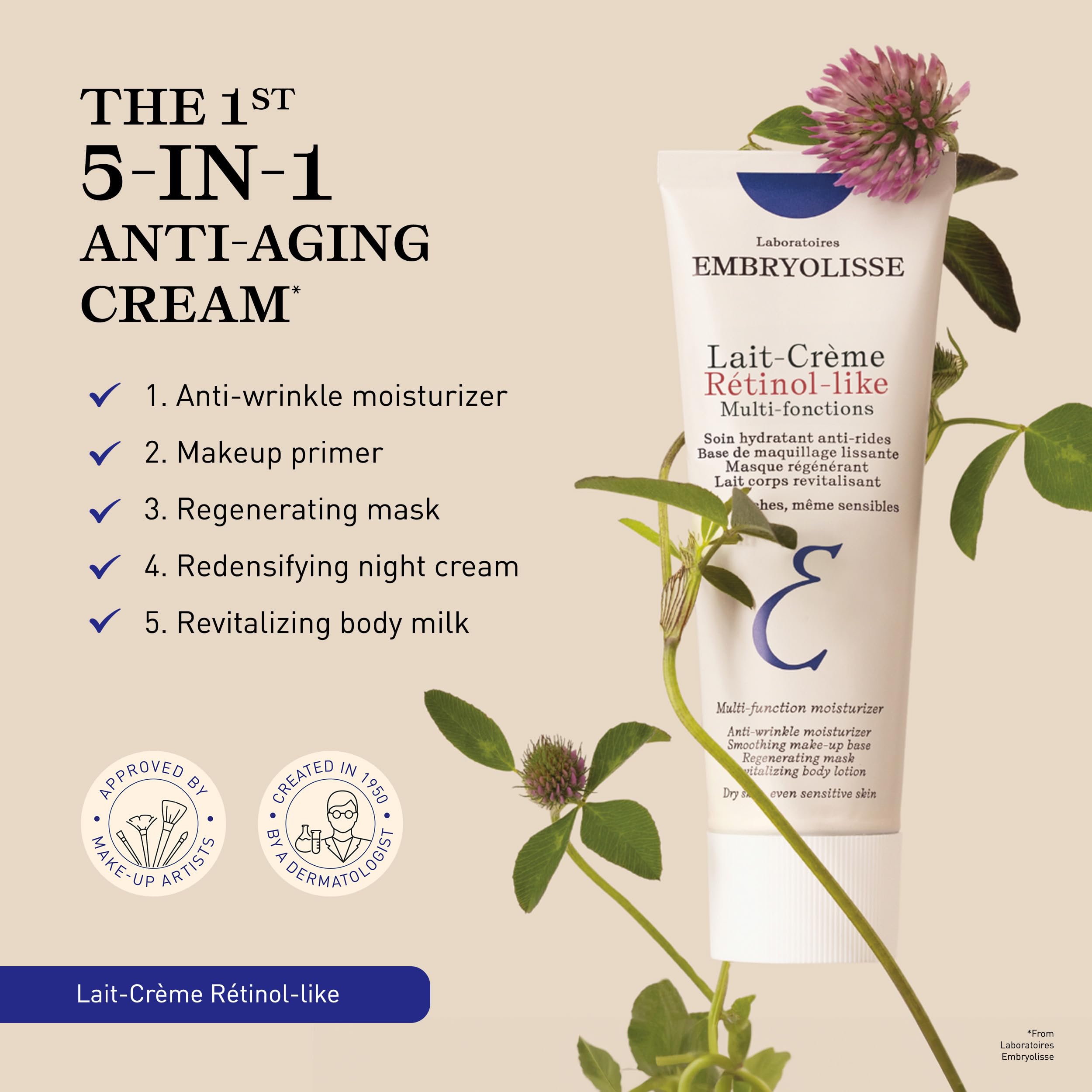 Embryolisse Lait-Crème Retinol Alternative Anti-Aging Face Moisturizer & Makeup Primer for Normal to Sensitive Skin. Reduces Fine Lines, Wrinkles & Puffiness, 2.54 Fl Oz