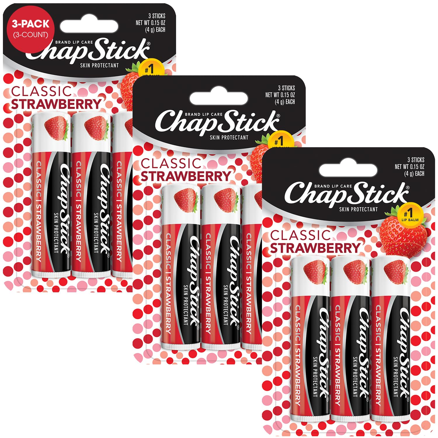 ChapStick Classic Strawberry Lip Balm, 9-Count – Tinted Lip Moisturizer, Juicy & Sweet, 0.15 Oz Ea