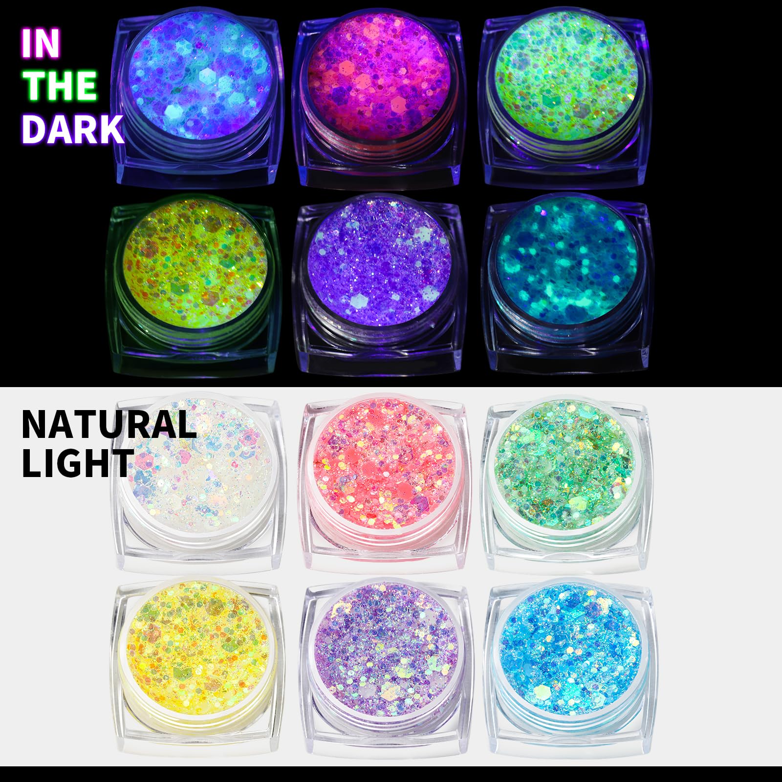 Teenitor 6 Colors Glow in The Dark Glitter Gel, Body Glitter Face Glitter for UV Black Light Party Raves Festivals