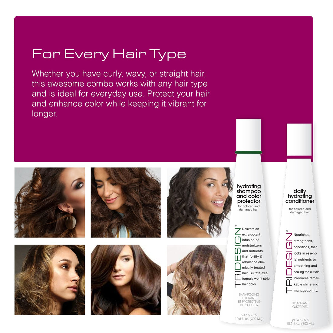 TRI Design Hydrating Shampoo & Conditioner Set - Sulfate Free Shampoo & Conditioner for Dry & Damaged Hair - Protect, Repair, and Moisturize Curly, Straight, Wavy, and Color-Treated Hair - 10.5 Ounce