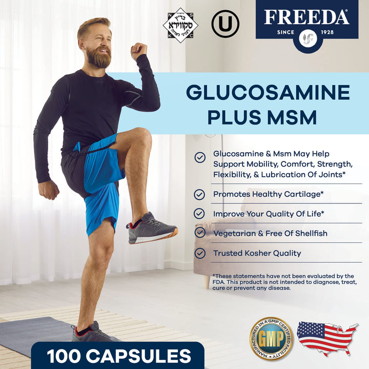 FREEDA Glucosamine MSM - Vegan Glucosamine with MSM Supplement - Bone & Joint Health Supplement - Vegetarian Glucosamine Without Shellfish - Bone & Joint, Knee Supplement for Mobility (250 Capsules)