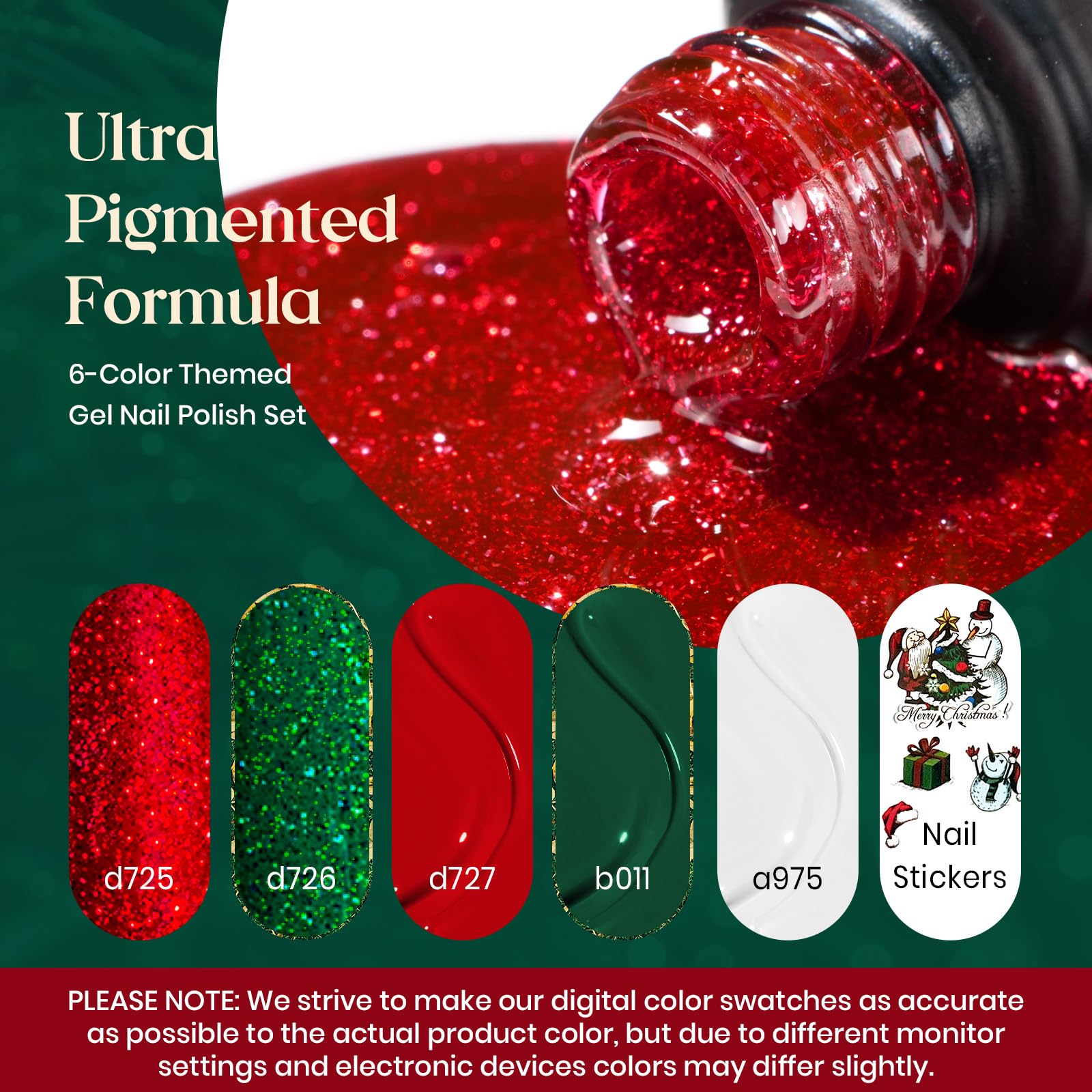 Gel Nail Polish Set - Christmas Holiday Series Glitter Burgandy Red Green Gel Polish Kit Soak Off UV LED Gel Nail Kit Manicure Gift with Nail Strengthener Gel and Christmas Stickers