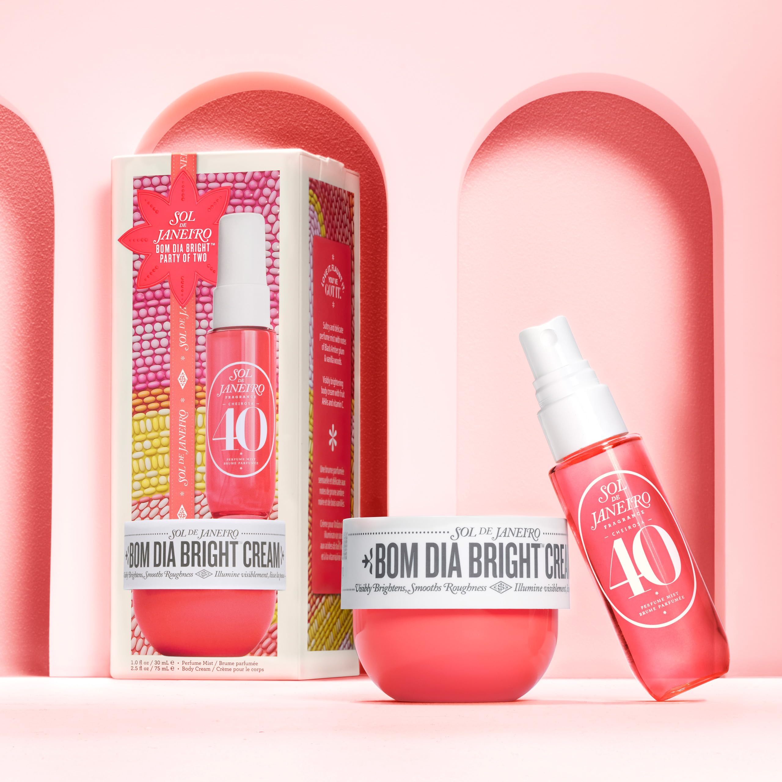 Sol de Janeiro Bom Dia Party of Two Beauty Gift Set | Bom Dia Bright AHA Cream 2.5 fl oz & Cheirosa 40 Perfume Mist 1 fl oz | Beauty Minis | Limited Edition | Travel Size Trial Set