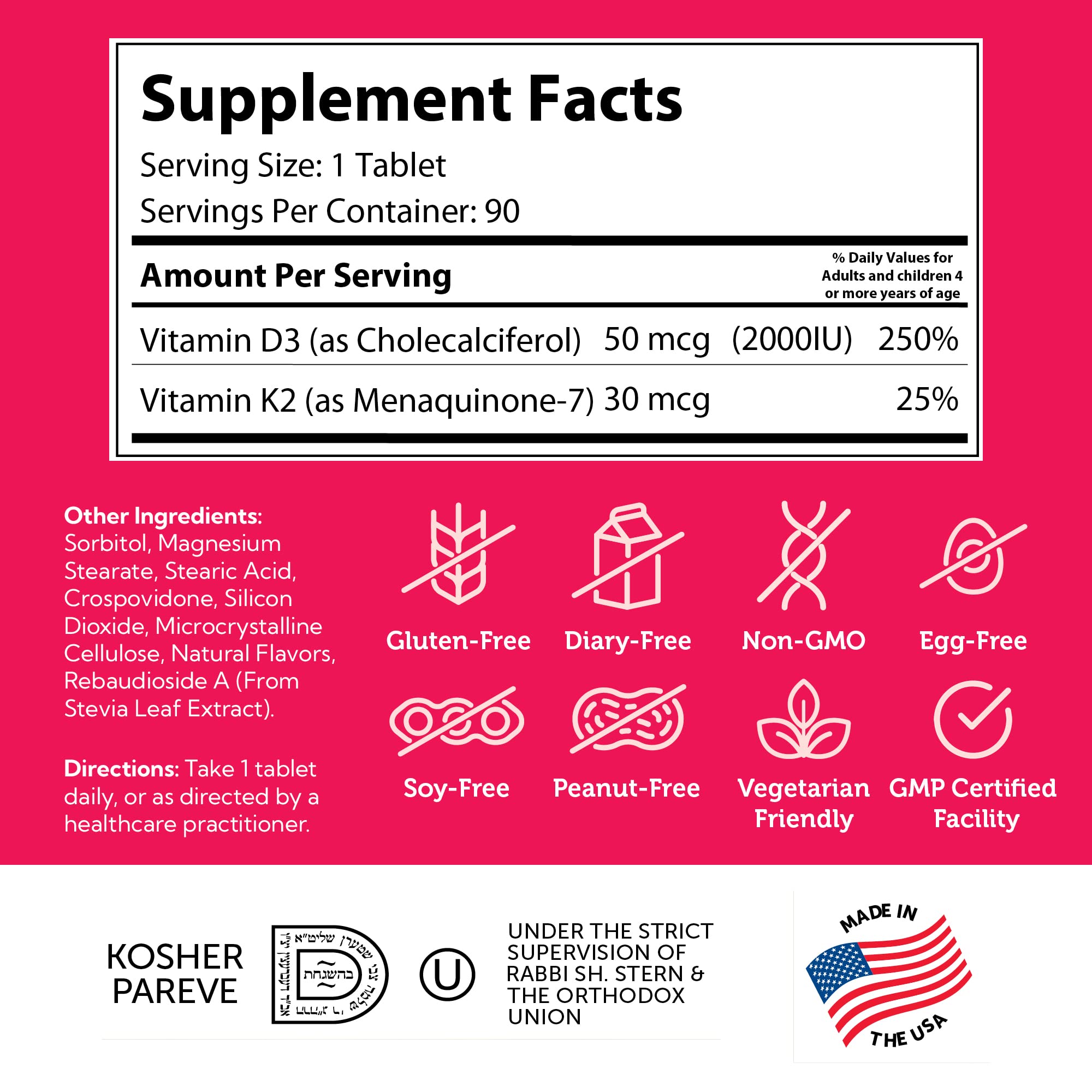 Zahler - Junior Vitamin D3 + K2 Chewable Tablets for Kids| Vitamin D for Kids 2000 IU | Delicious Vitamin D K2 Chews to Support Healthy Bones & Teeth - Kosher, Less Sugar Than Gummies (90 Count)