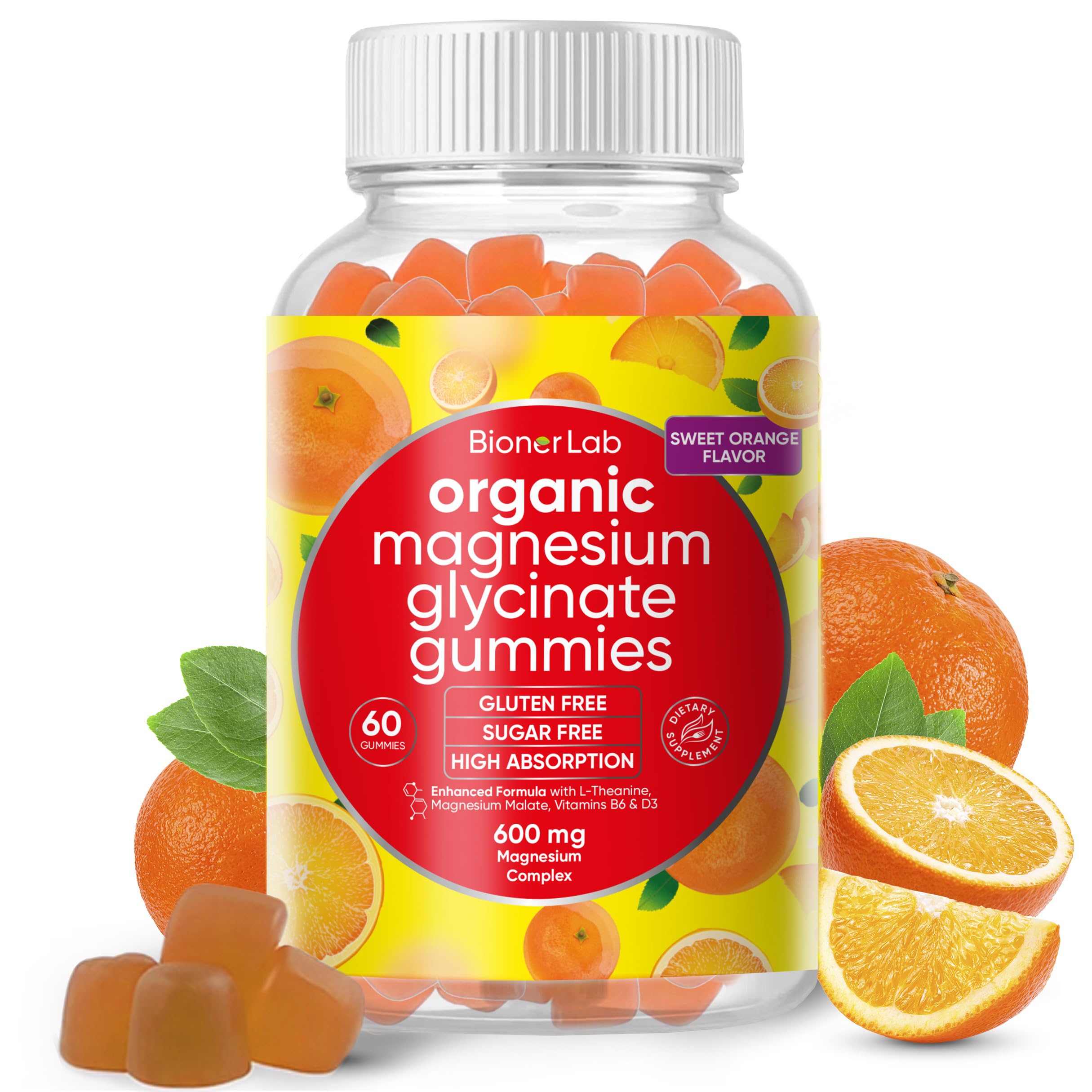 Magnesium Glycinate Chewable Gummies (600mg) for Kids & Adults Women Men - Vegan Complex with Calcium Potassium Vitamin D B6 L-Theanine - Sugar & Gluten Free - Orange Flavor