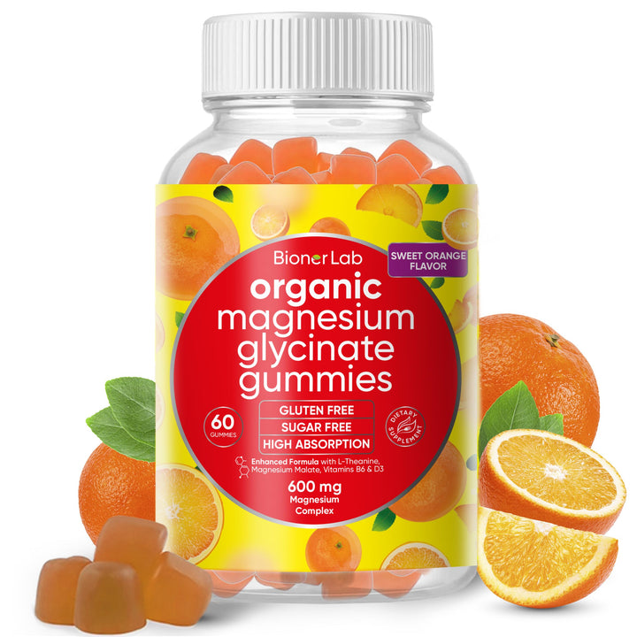 Magnesium Glycinate Chewable Gummies (600mg) for Kids & Adults Women Men - Vegan Complex with Calcium Potassium Vitamin D B6 L-Theanine - Sugar & Gluten Free - Orange Flavor