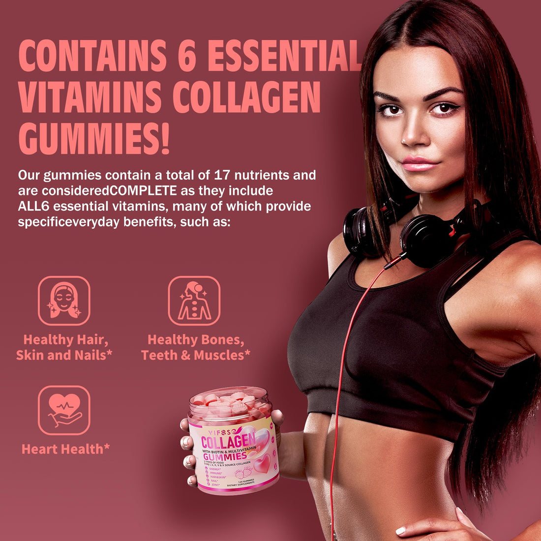VIFSSG Collagen Peptide Gummies for Women,120 Sugar-Free Hydrolyzed, Extra Strength 2500mg Protein Type I,II,III,V,X with 15000mcg Biotin and Vitamin A B6 B12 C D E for Hair Skin Nail