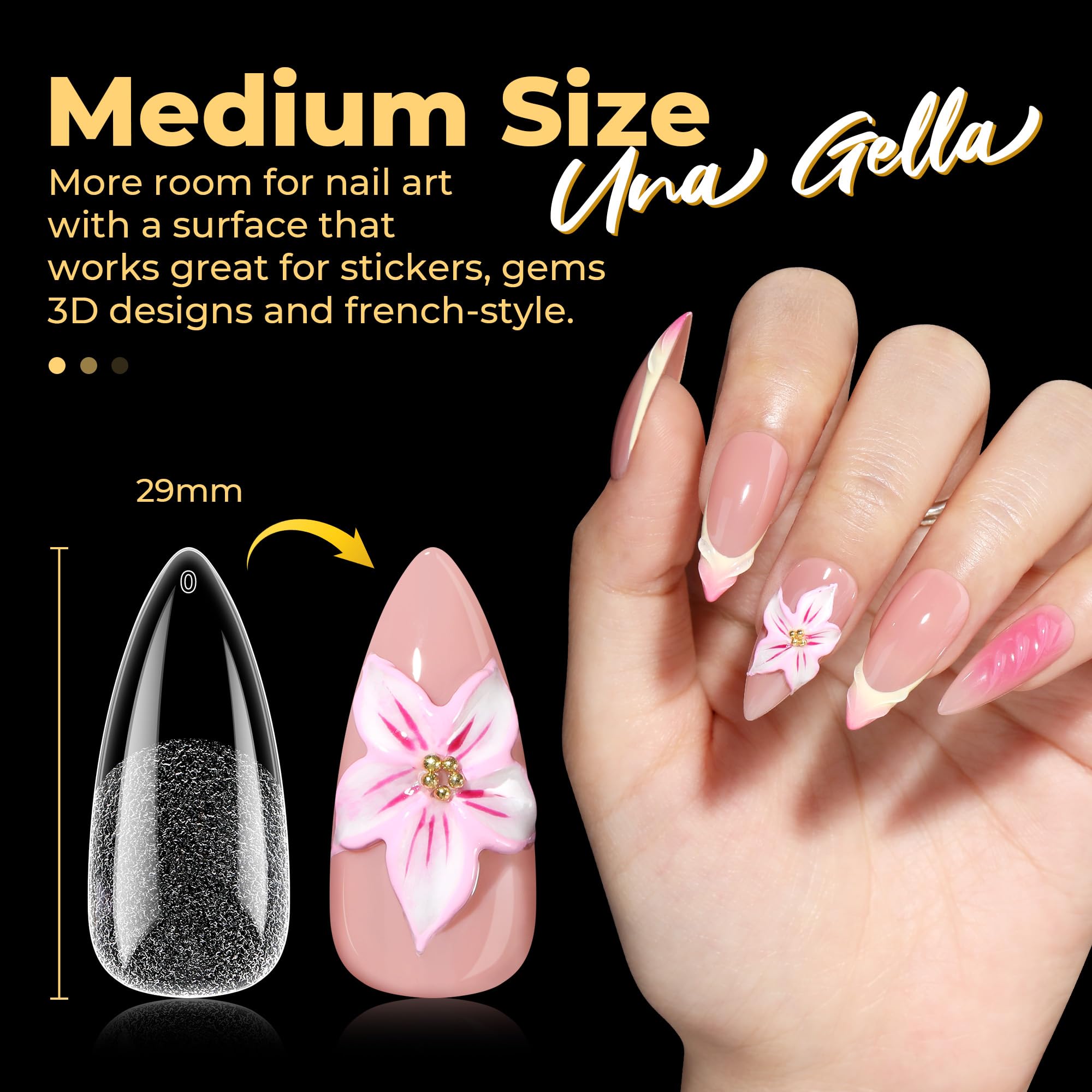 UNA GELLA Stiletto Press on Nails, 600 Pcs Medium Stiletto Nail Tips Almond Shape Pre Etched Full Cover Soft Gel Nails Tips for Nail Extensions Art DIY Salon 12 Sizes at Home