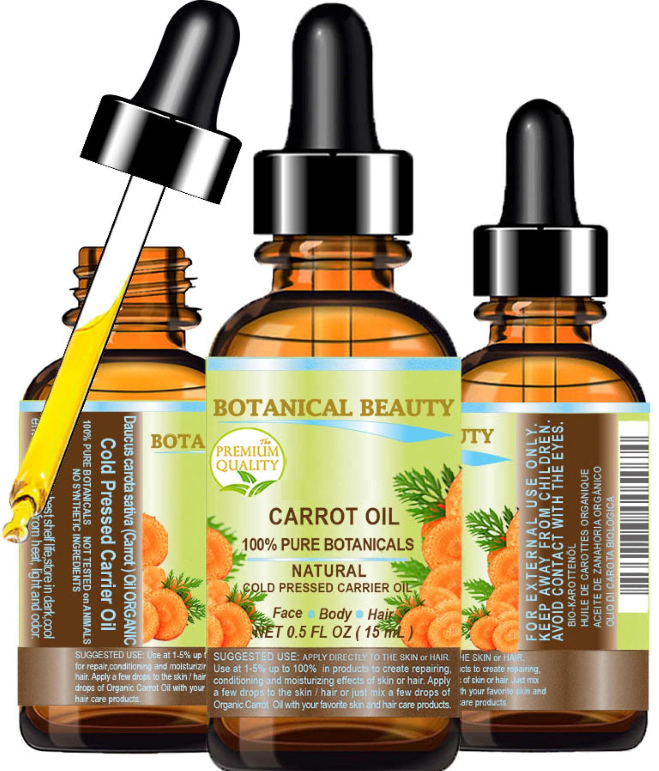 Botanical Beauty CARROT OIL 100% Natural Pure Botanicals Cold Pressed Carrier Oil 0.5 Fl. oz. - 15 ml. For Face, Body, Hair and Nail Care