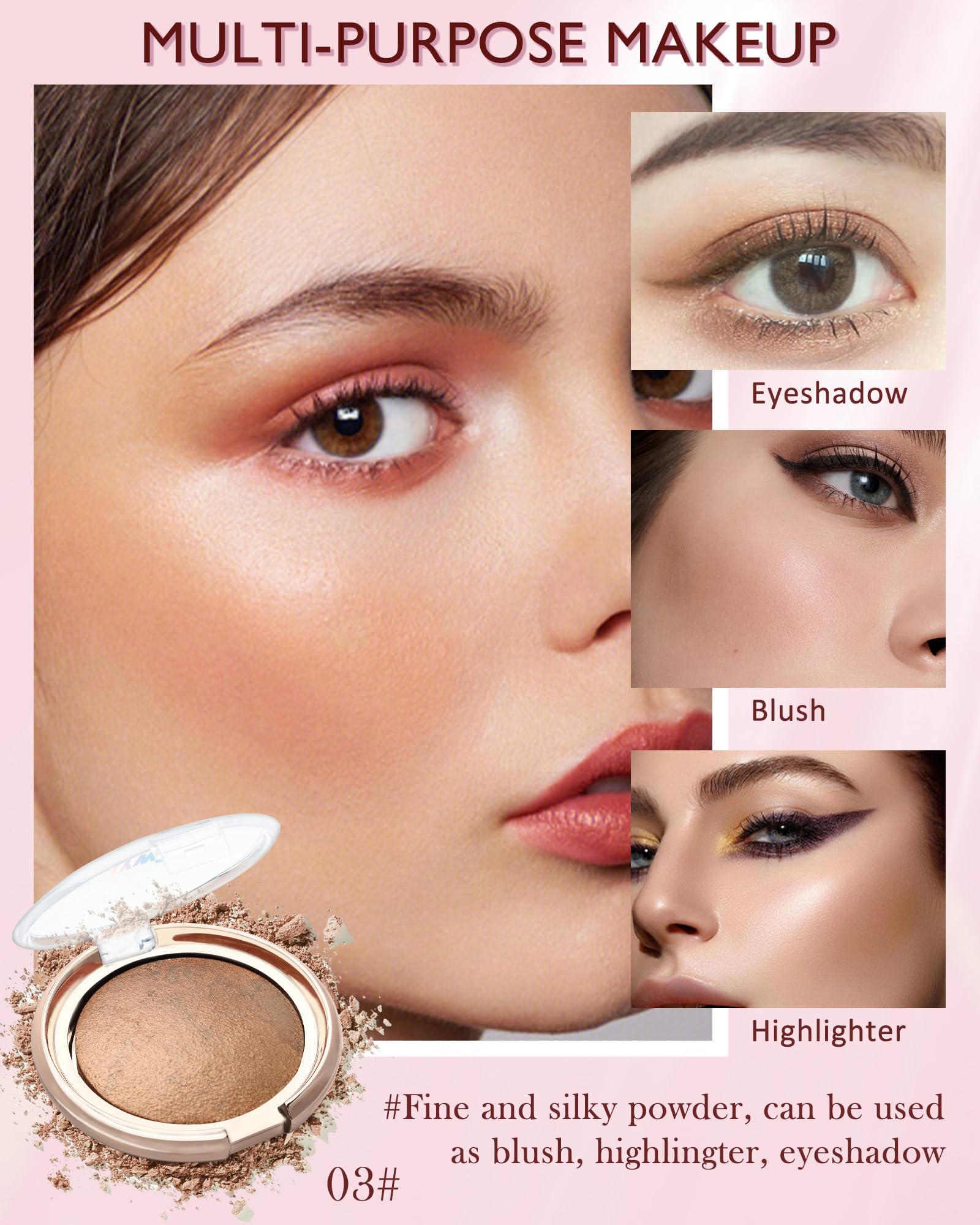 Baked Powder Blush, Glow Marbleized Blush Powder Palette,Lightweight Shimmery face Blush for Cheeks,Eyeshadow & Highlight,Mother's Day Makeup Gift for Women rubores de maquillaje(0.49Ounce)-03