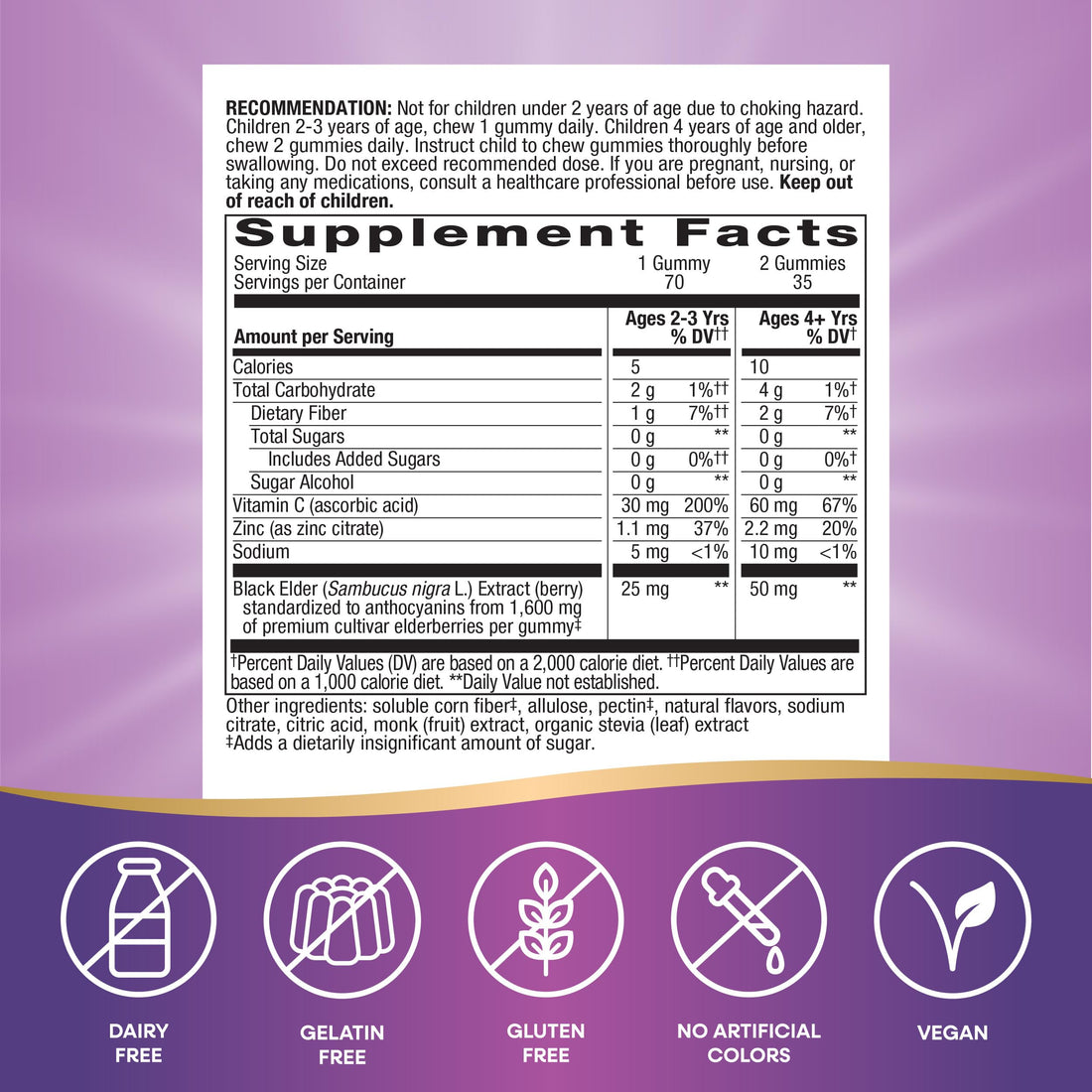 Nature's Way Sambucus Zero Sugar Elderberry Immune Gummies for Kids, Immune Support*, with Vitamin C, Zinc, Black Elderberry Extract, 70 Count