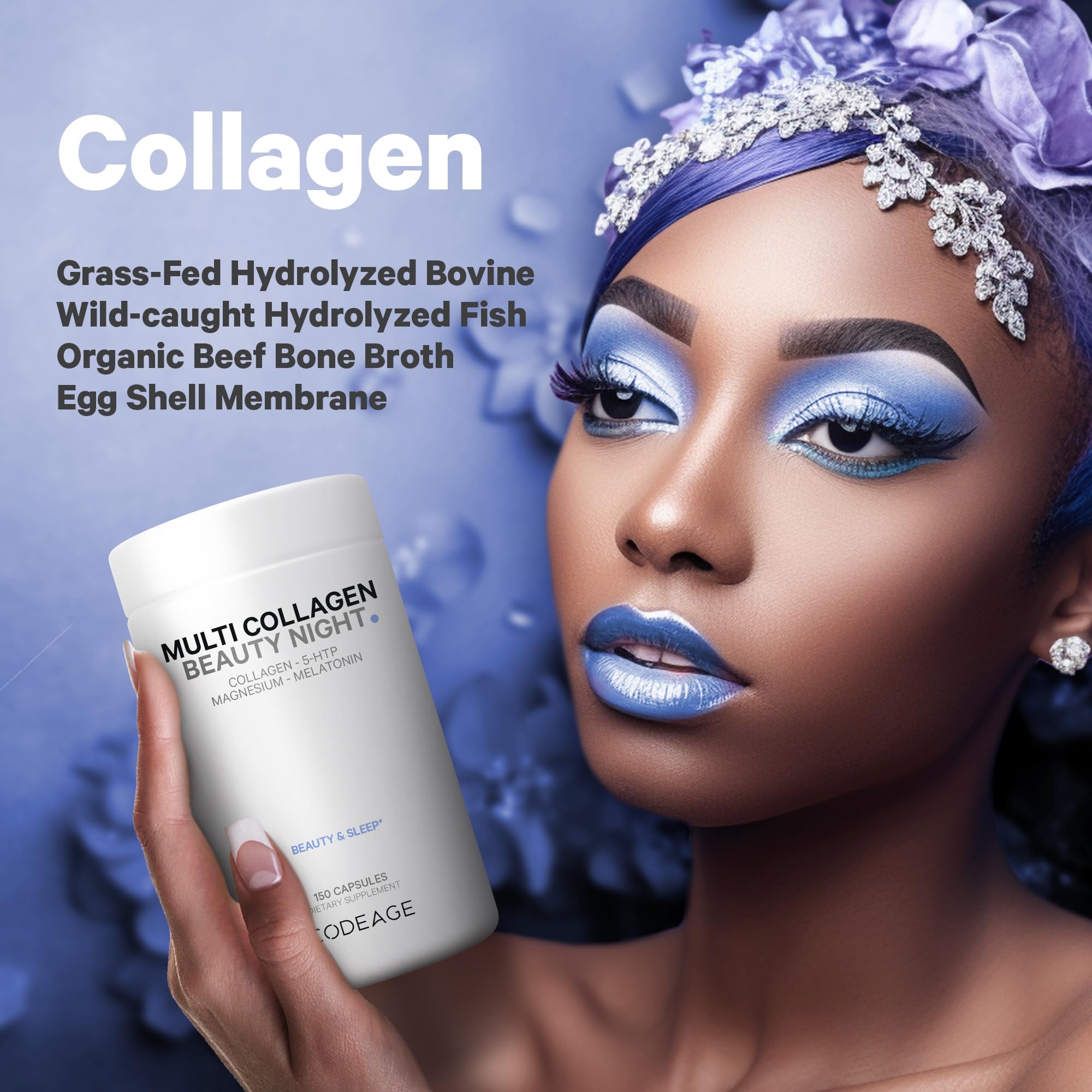 Codeage Multi Collagen Protein Beauty Night - Melatonin, Magnesium Bisglycinate, 5-HTP, L-Theanine, English Lavender Flower, Bone Broth - Vitamins - Supplement - Sleep Pills - Non-GMO - 150 Capsules
